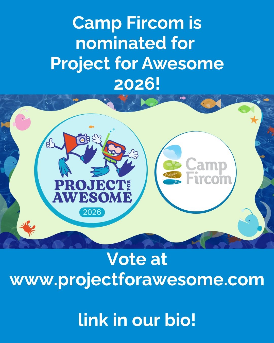 Voting is now closed. Thank you for your support!
Vote for Camp Fircom on the Project for Awesome website!
P4A is an incredible event that raises millions of dollars for charity every year! Fircom would love to be one of the many Grant Recipients of 