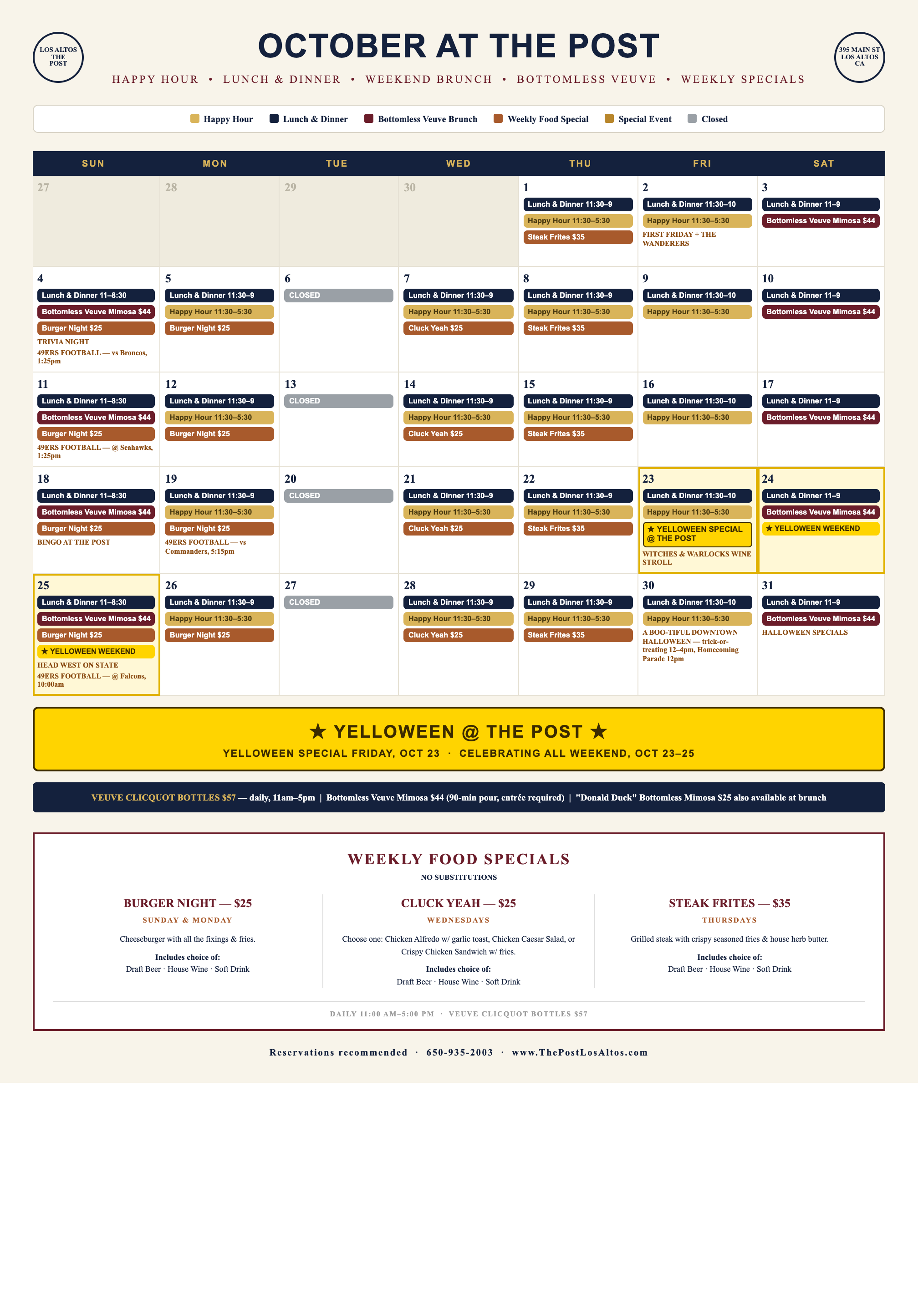 October 2026 events calendar at The Post in Los Altos: daily lunch and dinner, happy hour 11:30–5:30, weekend brunch with bottomless Veuve Clicquot mimosas, weekly specials (Burger Night $25 Sun–Mon, Cluck Yeah $25 Wed, Steak Frites $35 Thu), and Yel