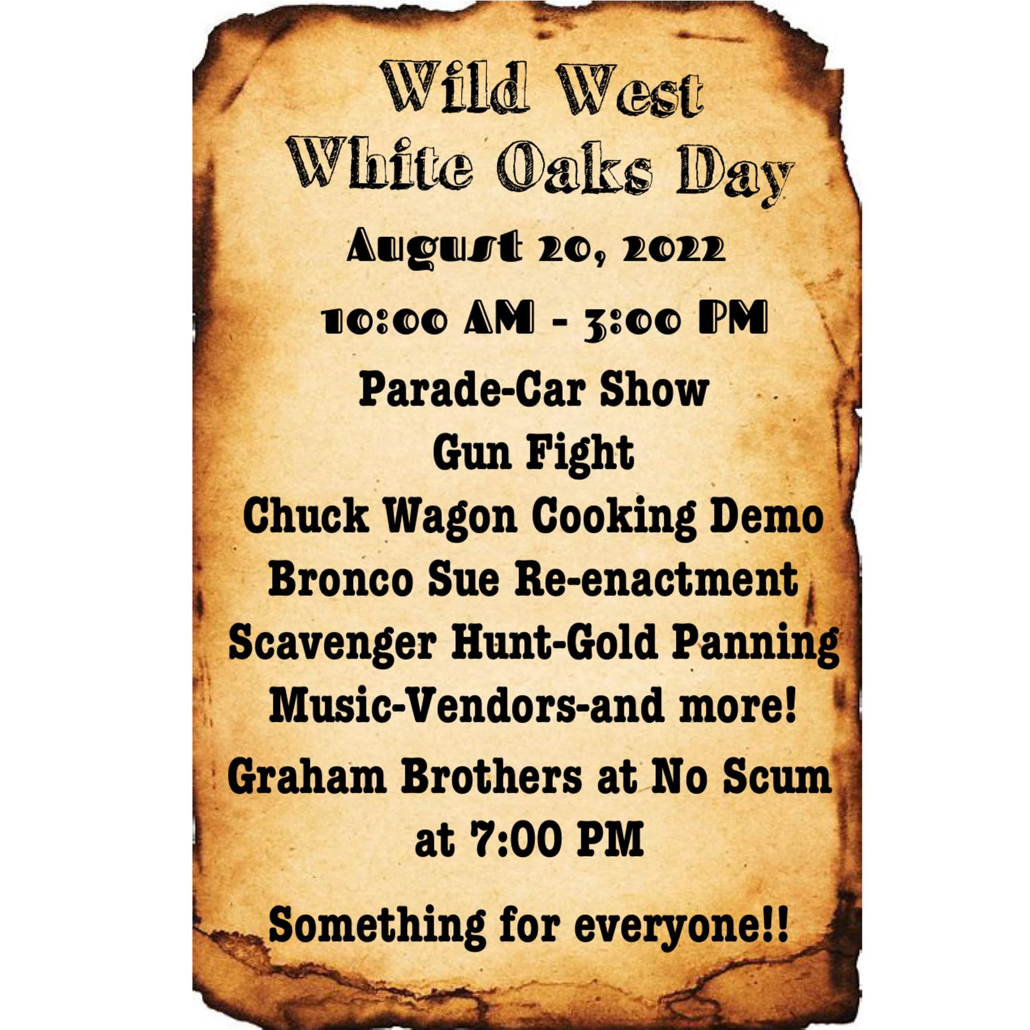 Poster. Wild West White Oaks Days. August 20, 2022