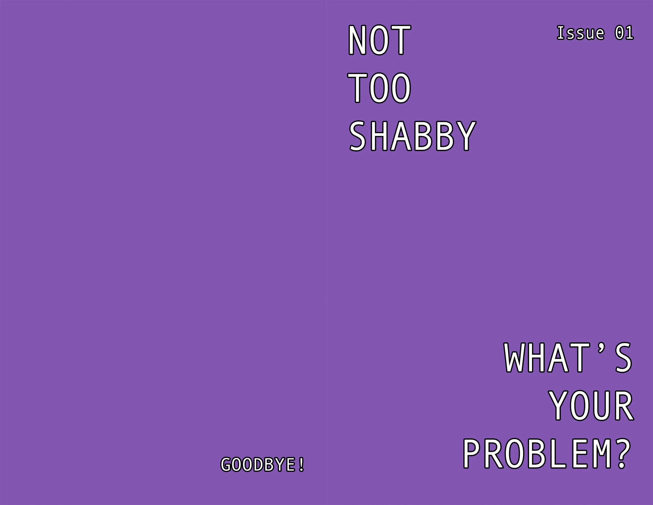 The first issue of Not Too Shabby is very blocky and bold and bright, which I think represents the theme "What's Your Problem?" Me and fellow artists left it all on the table with what we created.