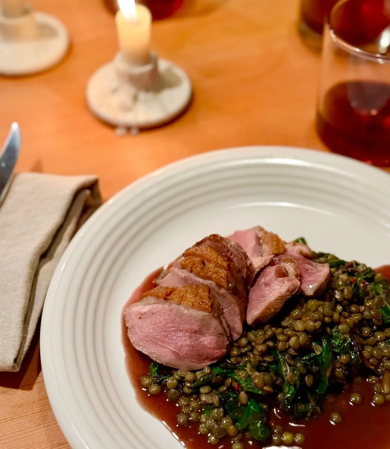 Things are getting very autumnal in the kitchen. Seared duck breast, marinated french lentils, rainbow chard, duck demi and @domaineanderson pinot reduction. Enjoyed best by candlelight.
