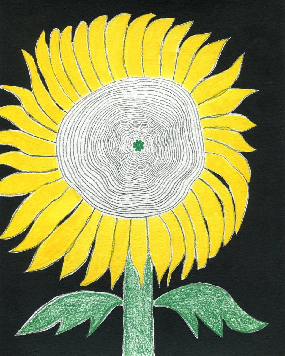 Sunflowers with personality 
🌻Clover Becoming a Sunflower
🌻Sunflower at the Bar
🌻Sunflower with a Blue Butterfly
and sunflowers on the kitchen table 
The first three drawings are on view in “Sun Signs,” my solo show at @auberginecafe