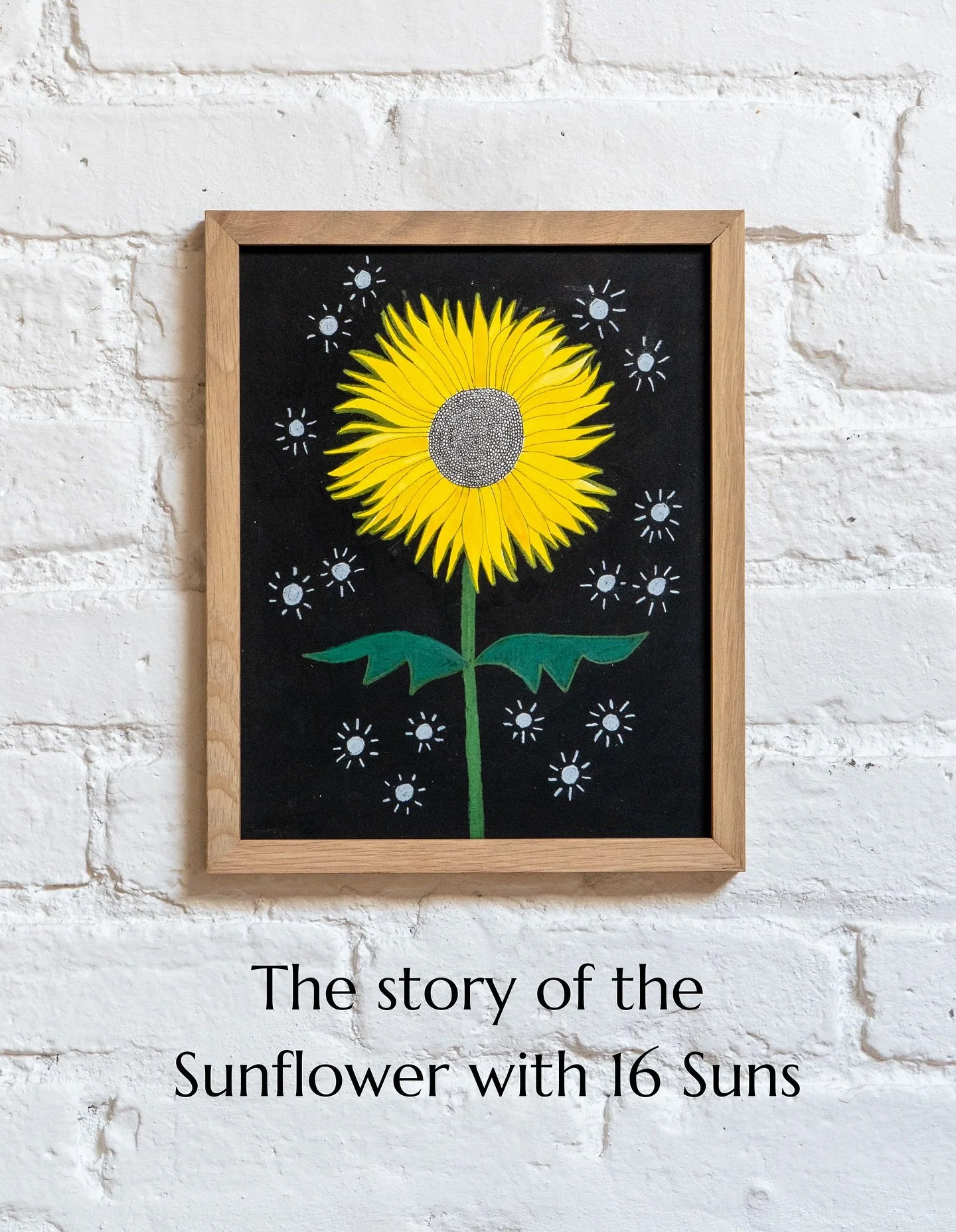Sometimes a symbol flips itself inside out.
This drawing “Sunflower with 16 Suns” reverses the usual power dynamics—one sun above many flowers— and has one bright sunflower shining in front of many suns. Who’s to say wh