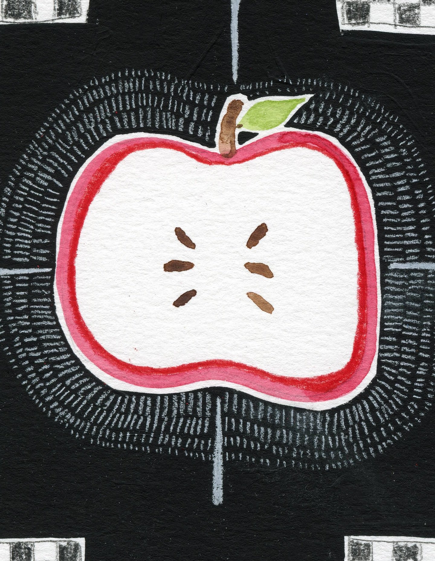 Balanced Apple 
5 x 7&rdquo; watercolor, charcoal pencil, and black gesso on paper

Inspired by the symbol cards FRUIT and CHECKERS