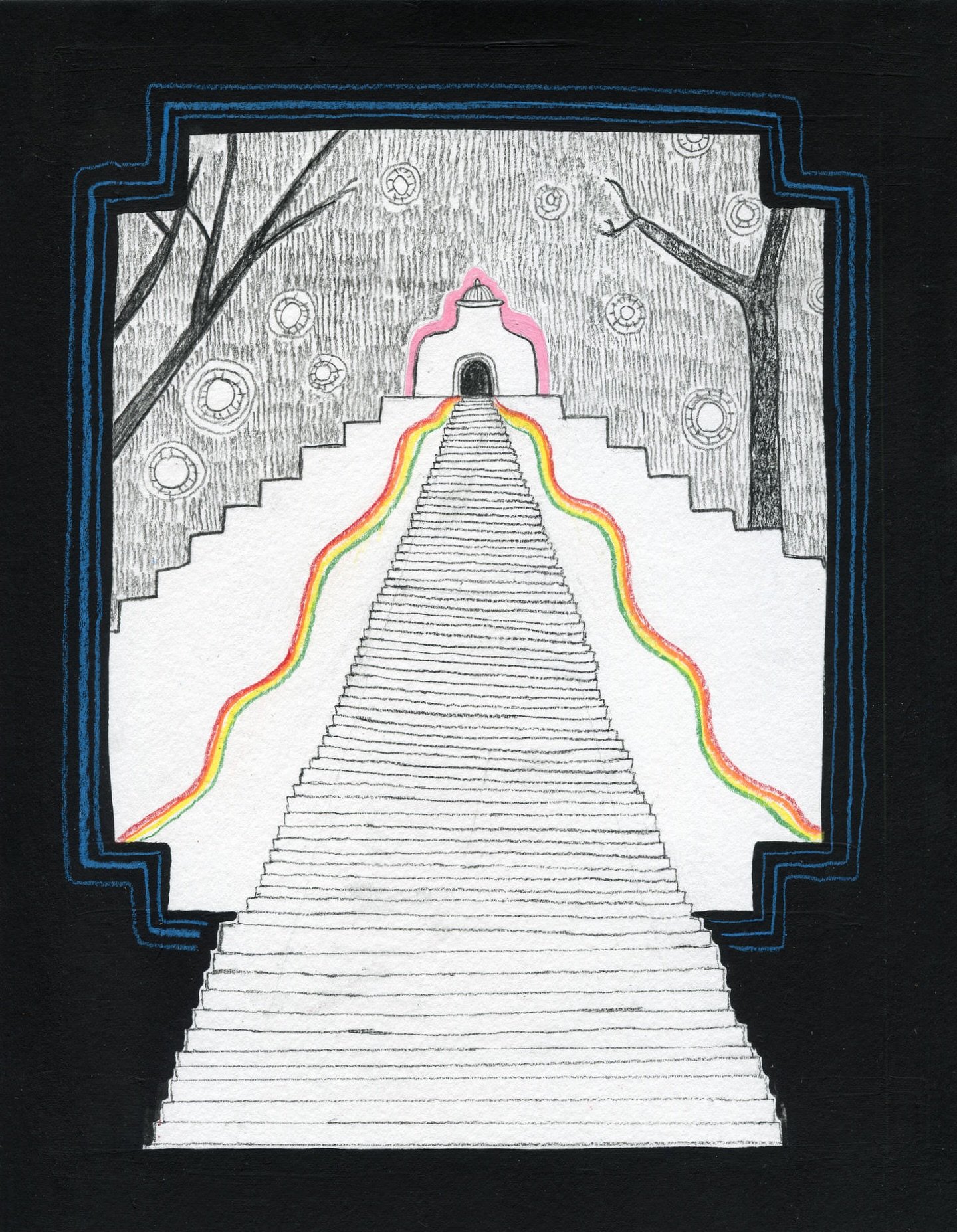 Symbol drawing conjuring 

a temple in the snowy night, glowing pink 
bare branches stretch above the towering stairs
you&rsquo;re welcome here, if you&rsquo;d like to warm up

#symboldrawing