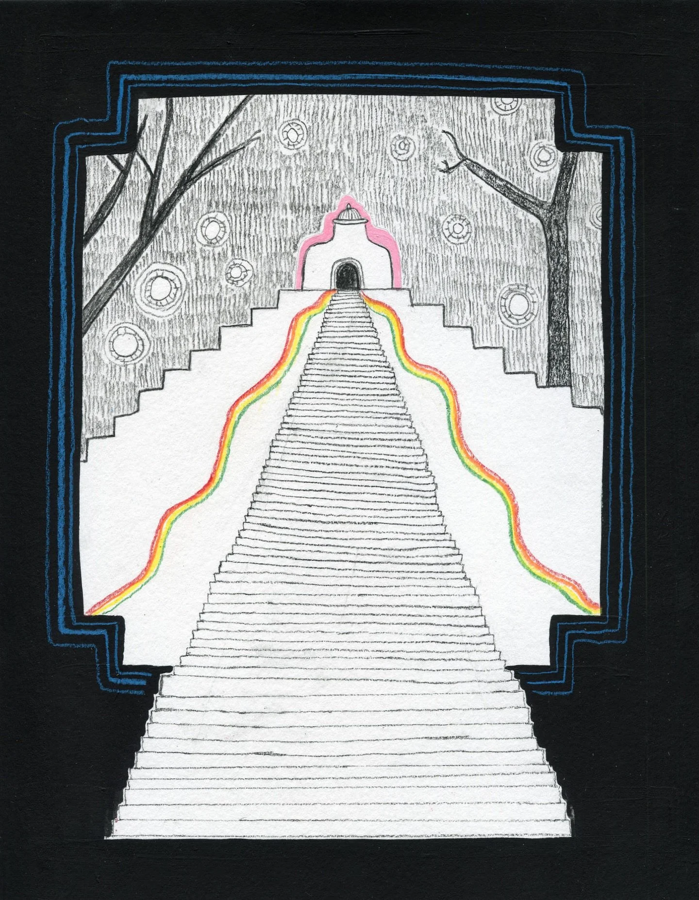 Symbol drawing conjuring 

a temple in the snowy night, glowing pink 
bare branches stretch above the towering stairs
you&rsquo;re welcome here, if you&rsquo;d like to warm up

#symboldrawing