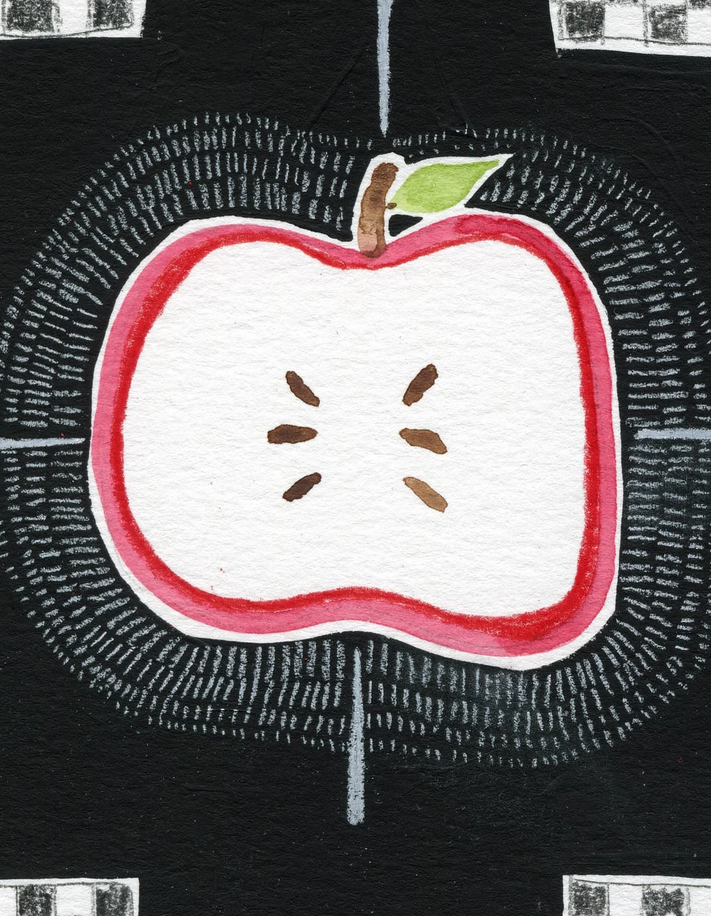 Balanced Apple 
5 x 7&rdquo; watercolor, charcoal pencil, and black gesso on paper

Inspired by the symbol cards FRUIT and CHECKERS