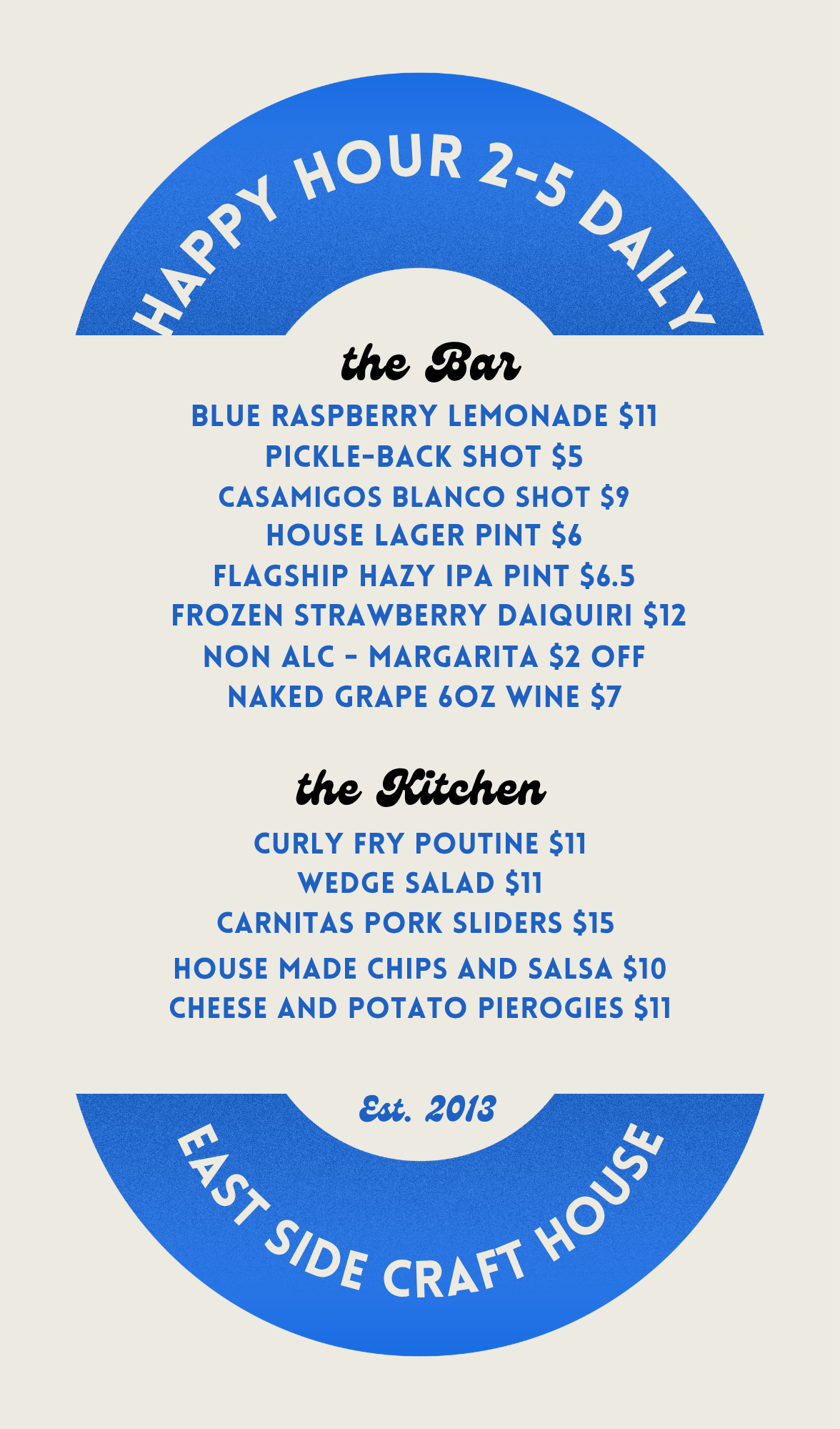 A menu from East Side Craft House featuring a blue and white design with drink and food options, including cocktails, beer, wine, and various dishes, with the establishment's founding year 2013.