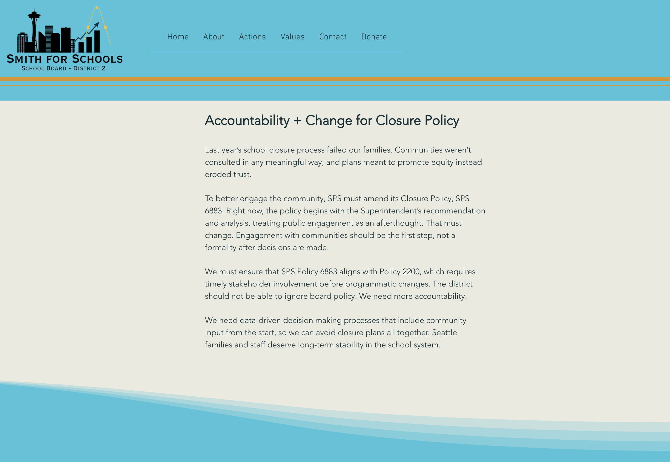 A blue-and-gray screen shot of a Smith for Schools campaign webpage titled "Accountability + Change for Closure Policy." The shot shows text that is quoted in this article a few paragraphs before this photo appears.