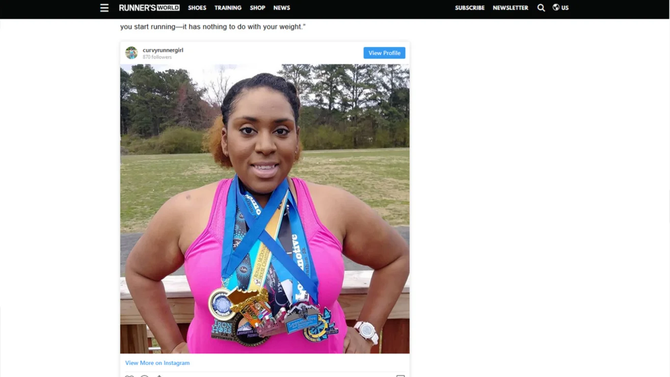 Runner’s World article by Kiera Carter mentioning Alesha Anchundia of Curvy Runner Girl on April 3, 2019