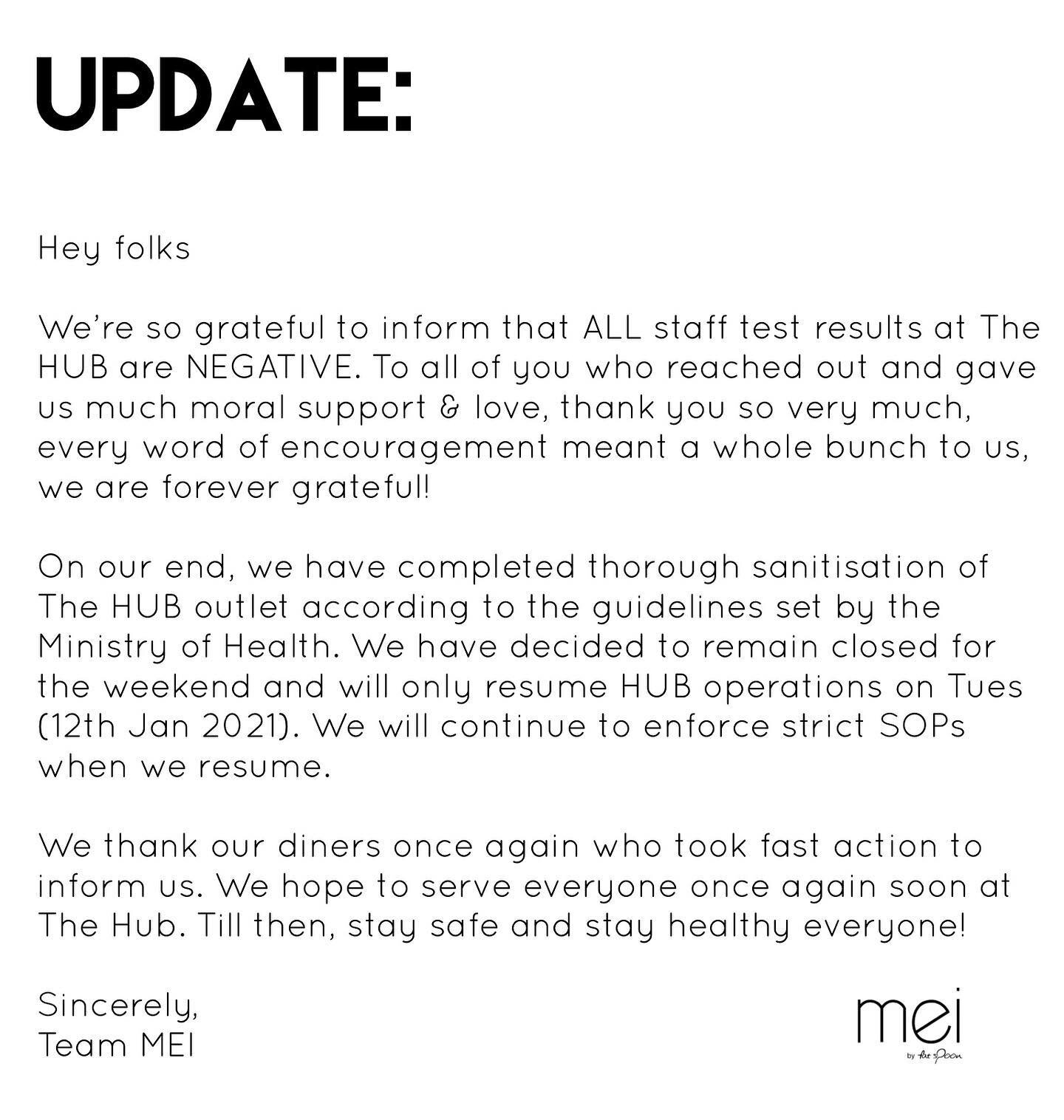 UPDATE: We&rsquo;re grateful to announce that ALL staff test results came out NEGATIVE 🙏🏻. Thank you for all the warm encouragement &amp; support! As cases are still on the rise, let&rsquo;s all do our part, stay safe &amp; maintain strict SOPs! ❤️