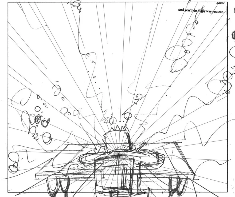 Rough sketch - I added the burst lines in Photoshop.