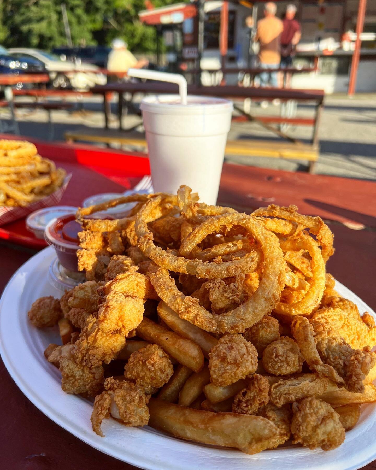 End of summer tradition at George&rsquo;s for fried seafood and onion rings. We were too full for the soft serve ice cream.