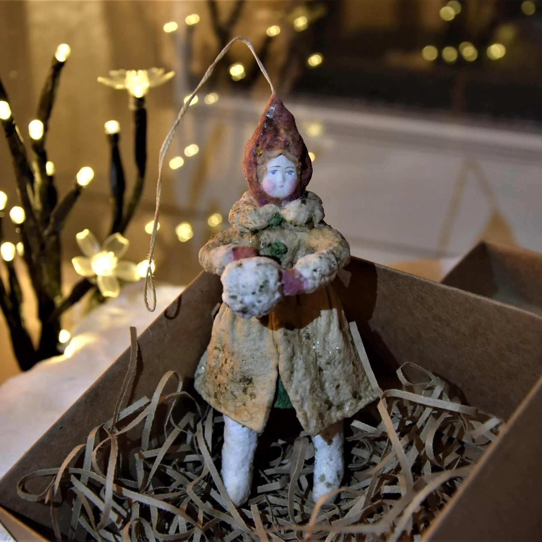 Christmas Toy Papier-mache :  Girl Marusya with snow  Height: 13 cm Item Number: C-02 Price: ₽ 1,800 FINAL BID:   ₽ 1,800 ~~~~~~~~~~~~~~~~