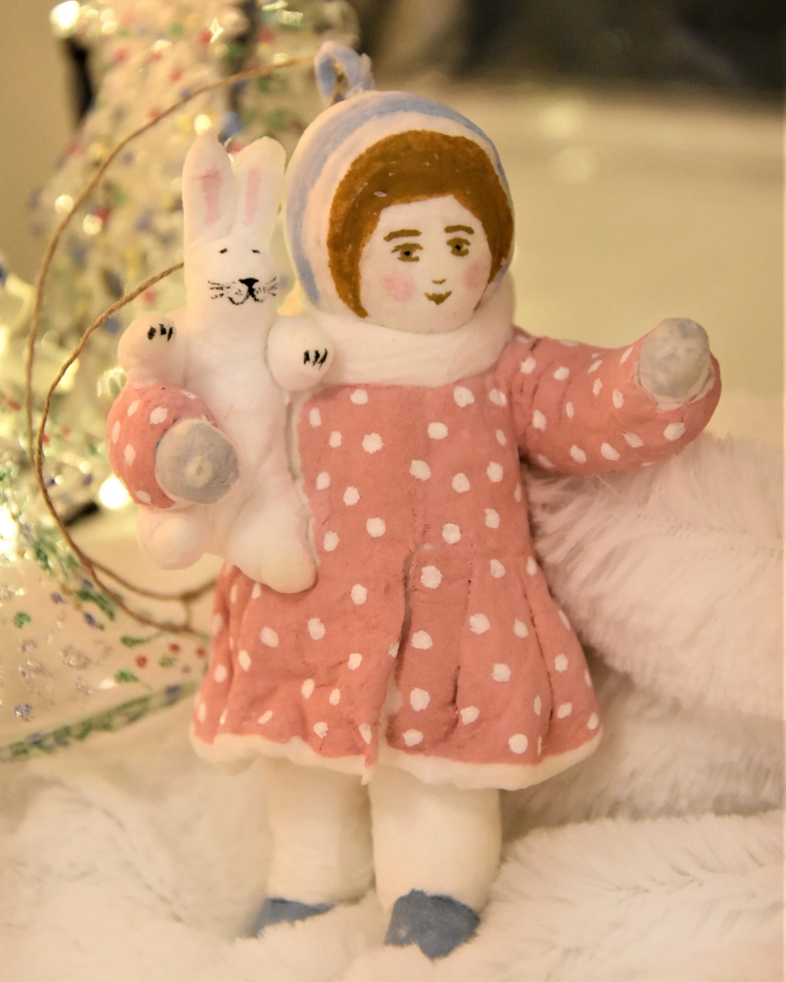 Christmas toy : Natasha Girl with a bunny, cotton wool  [4 available for sale]  (more photos here) Height: 12 cm Item Number: C-15-01; C-15-02; C-15-03 Price: ₽ 1,500 each CLICK HERE TO BUY ~~~~~~~~~~~~~~~~