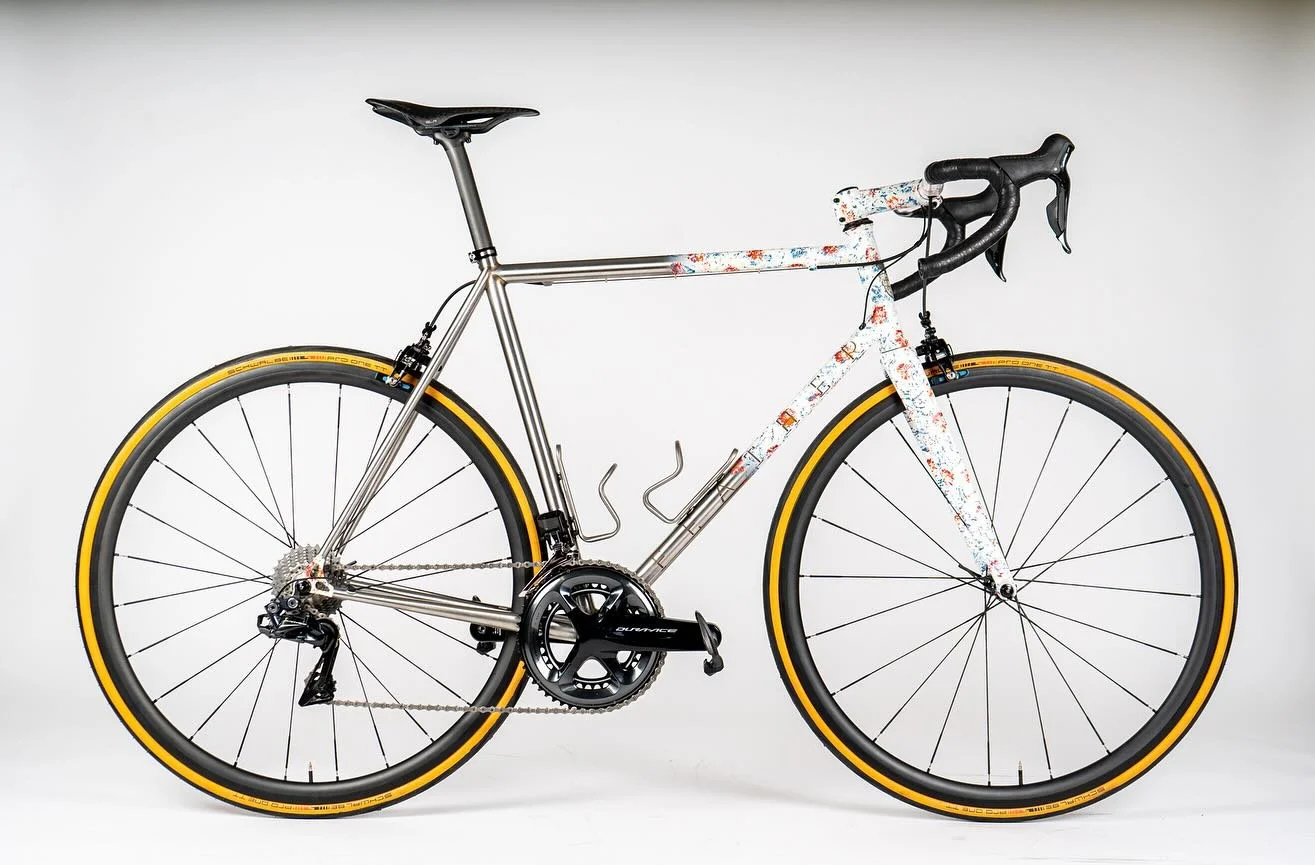 Here is Lawrence&rsquo; featherweight climbing bike which weighs in at exactly 6.8kg. 

Constructed from Reynolds stainless steel with a Columbus headtube and internal headset cups and joined with 55% silver due to the low temperatures required to av