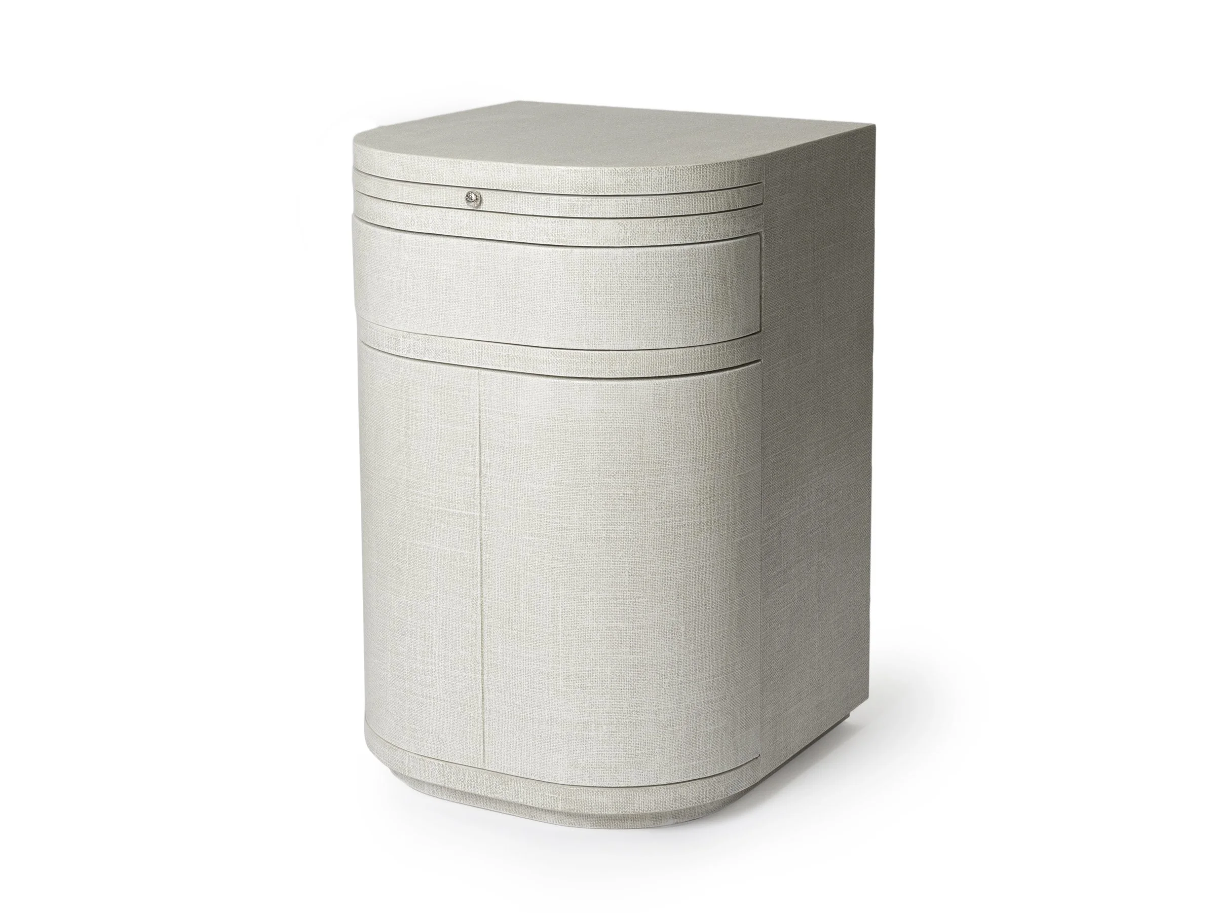 The Rita Stand in Snow Lacquered Linen - angled view.
