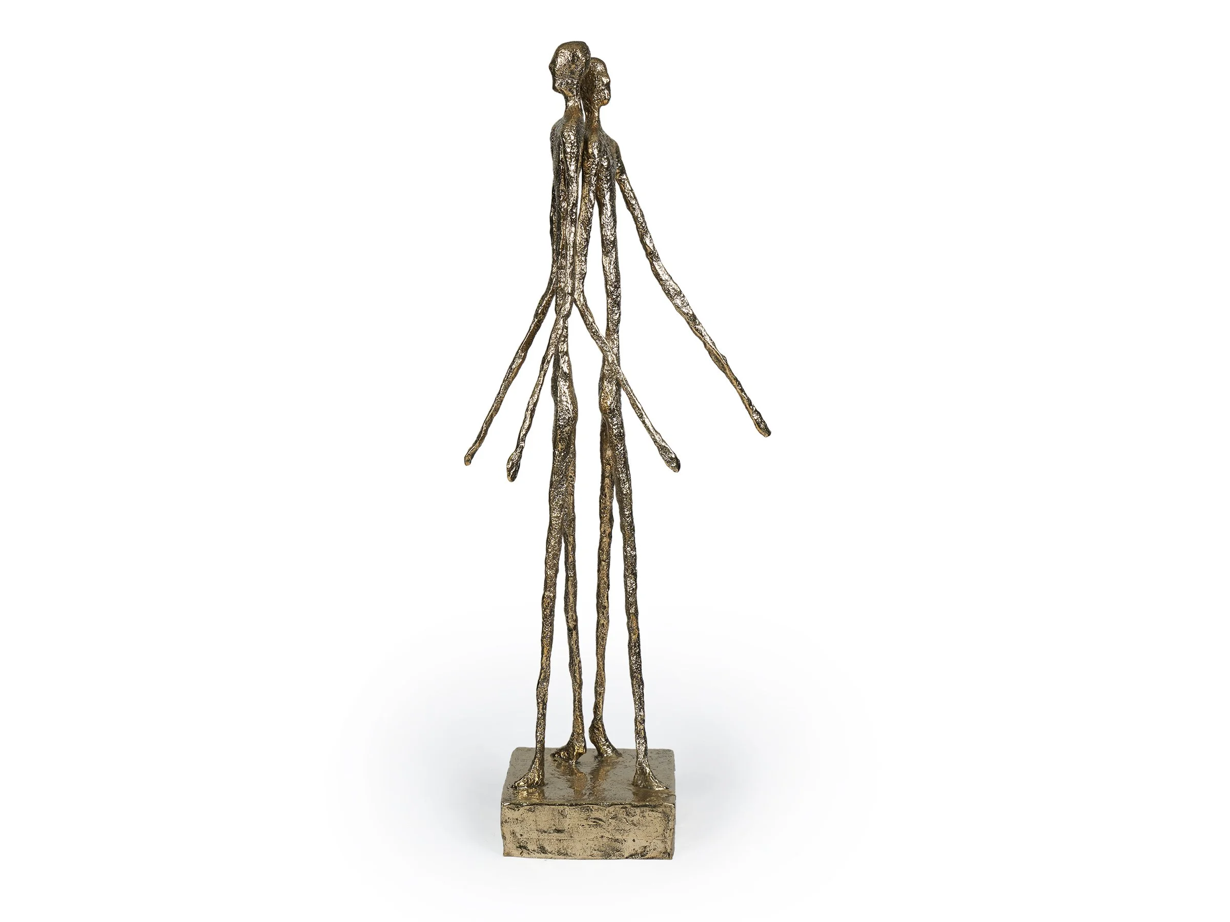 Bronze sculpture of two elongated figures standing together, titled Parting.