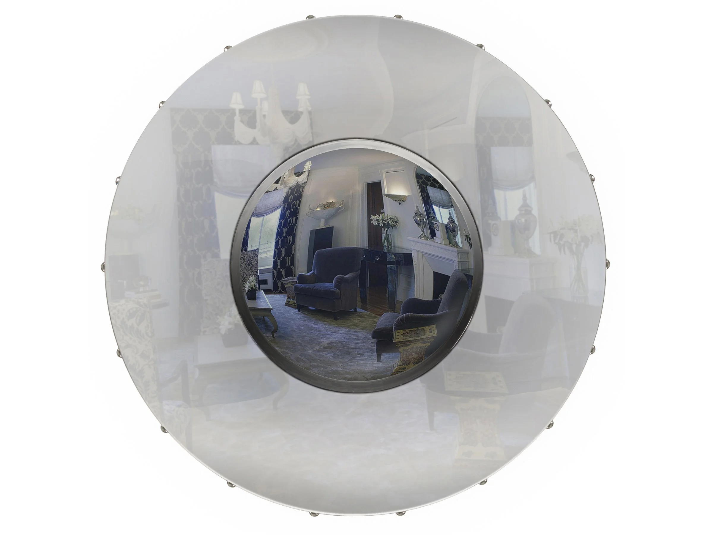 Bull’s Eye Mirror in mirror-polished stainless steel with convex center and pin detailing.