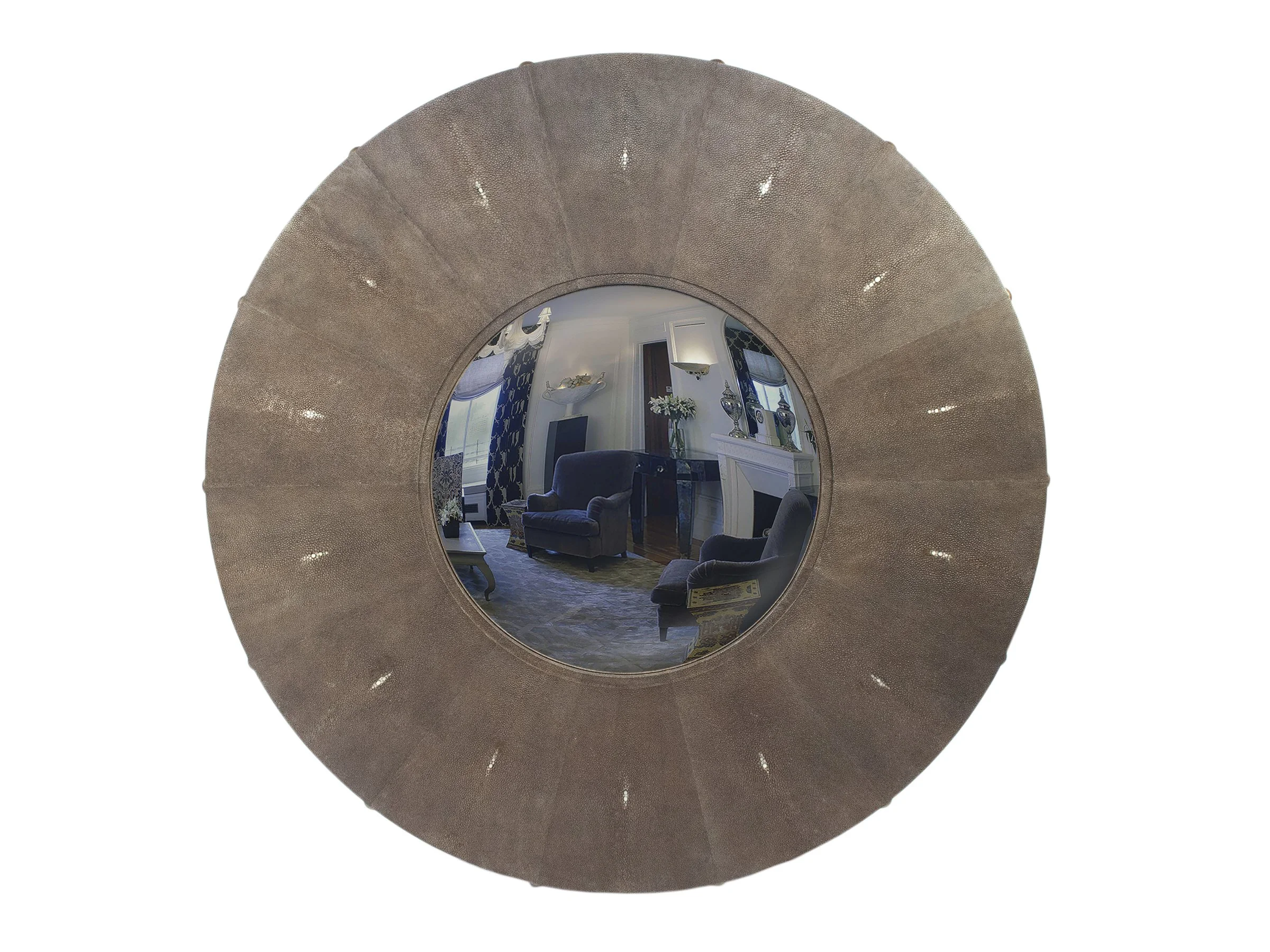Bull’s Eye Mirror in hand-applied truffle shagreen with convex mirror reflecting elegant interior.