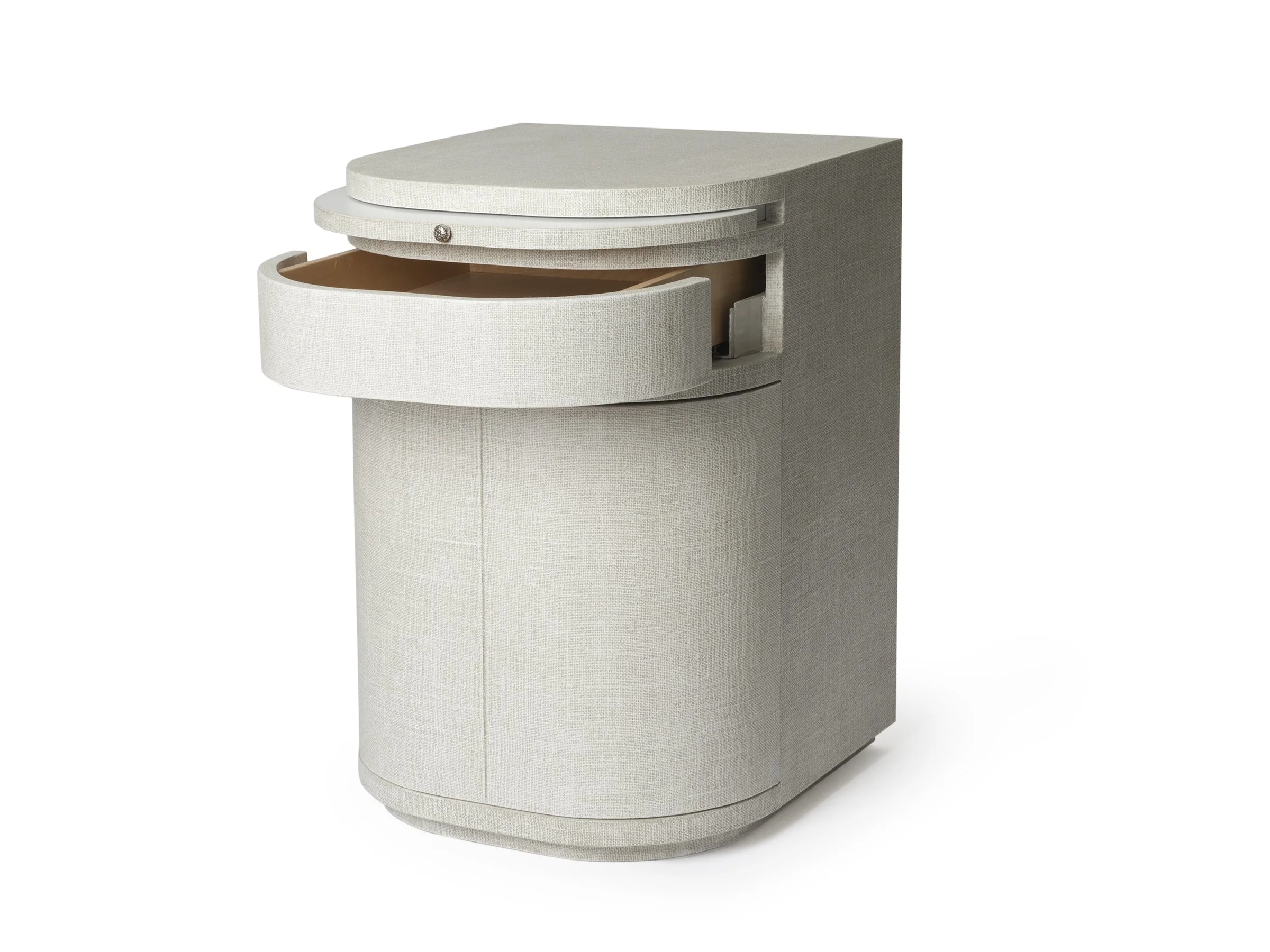 The Rita Stand in Snow Lacquered Linen - angled view with drawer open.