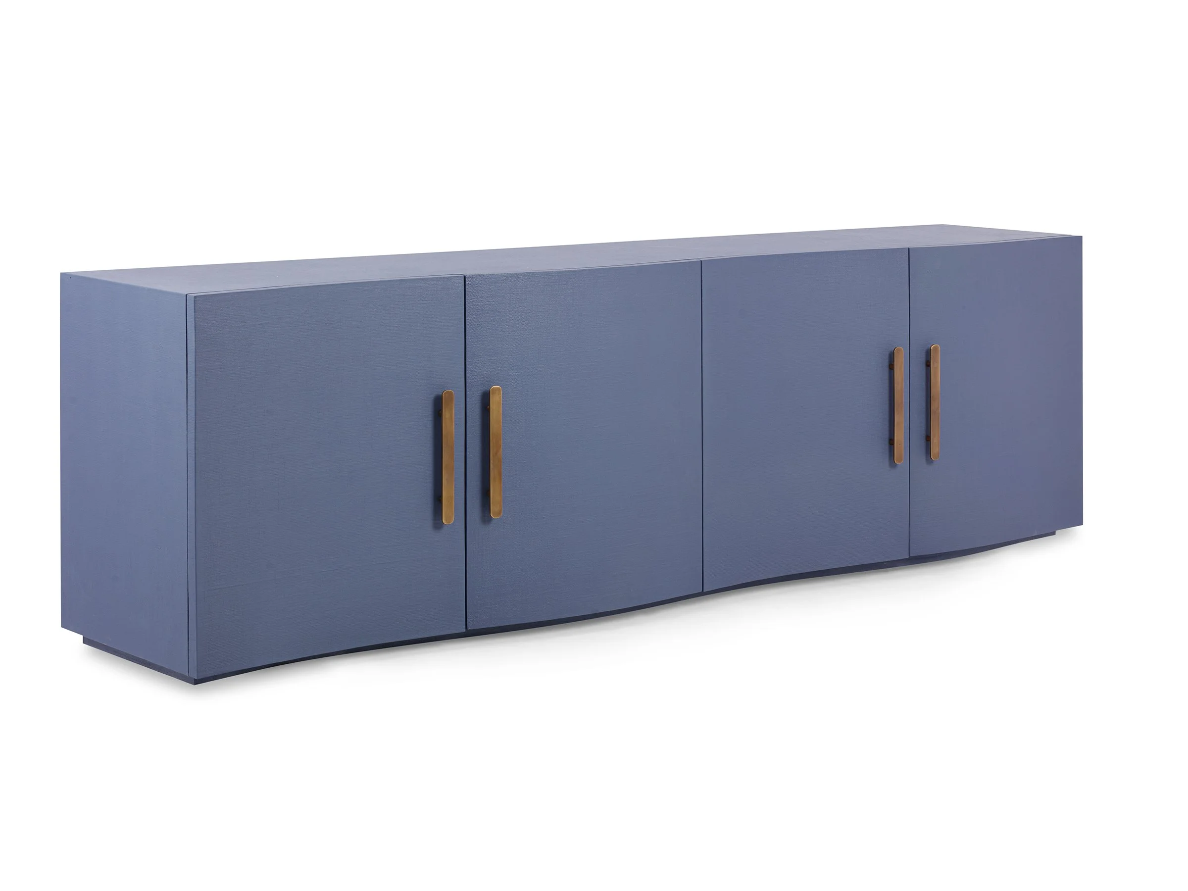 Angled view of the New Wave Cabinet in New Navy lacquered linen with antique bronze hardware platform base.