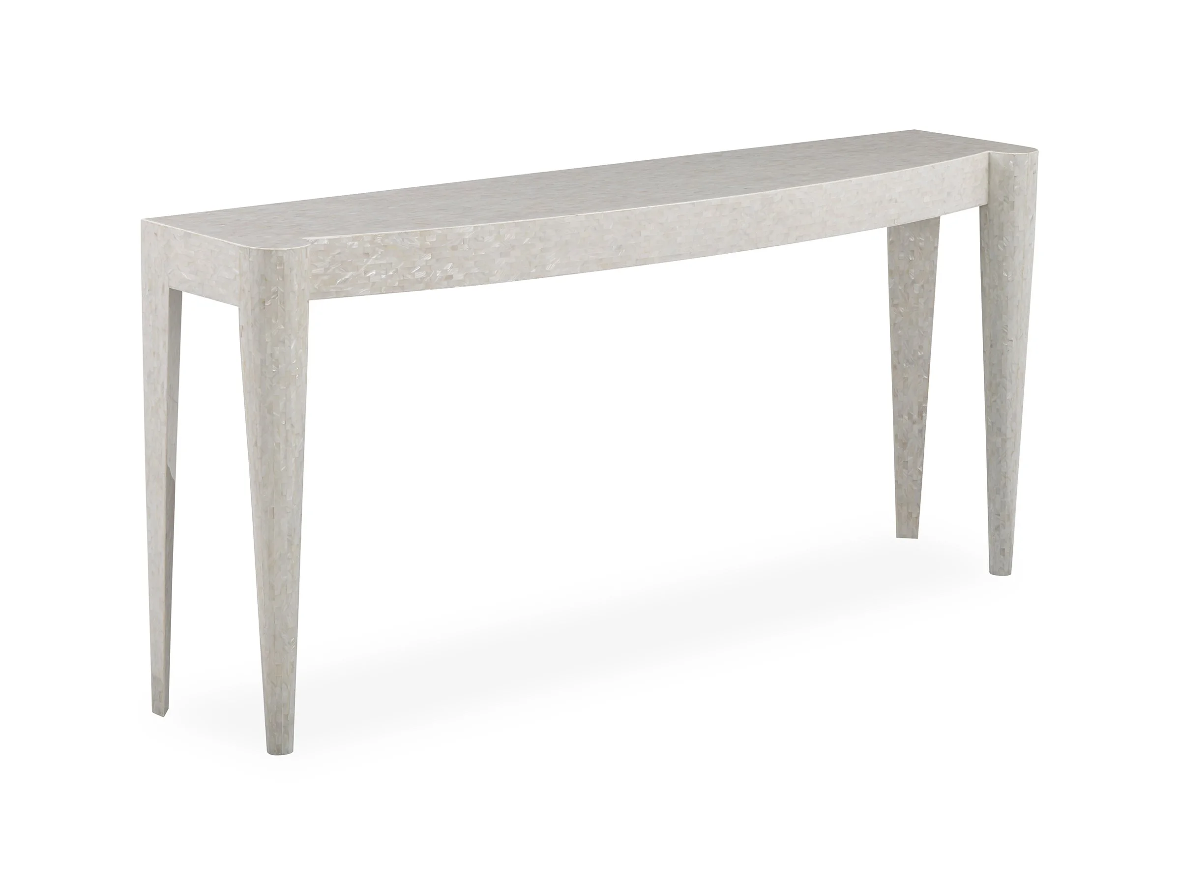 Custom sized Butler Console in White Mother of Pearl finish, angle view.