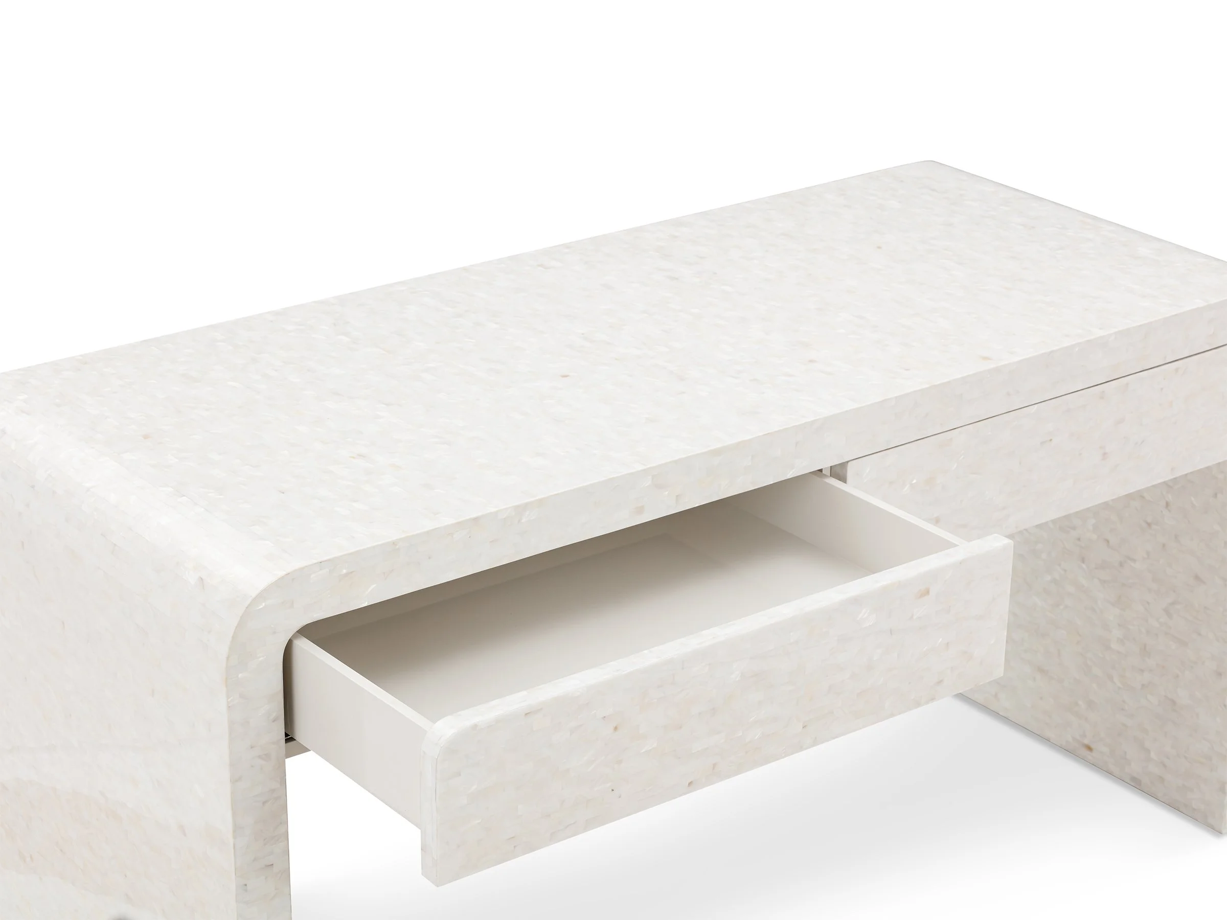 Angled view of Horizon Desk in White Mother-of-Pearl with drawers open.