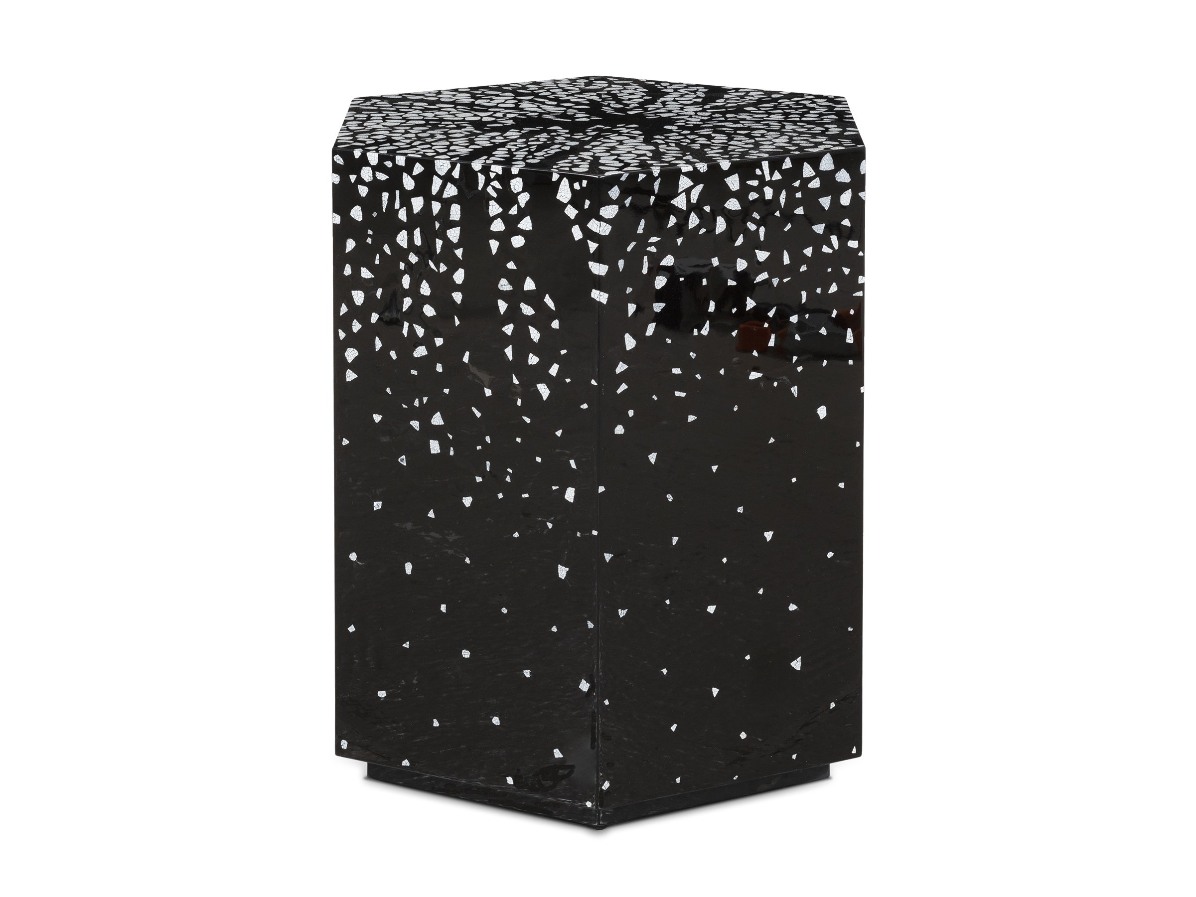 Hexagon side table shown in Black/Cream Inlay Eggshell Lacquer - Front view