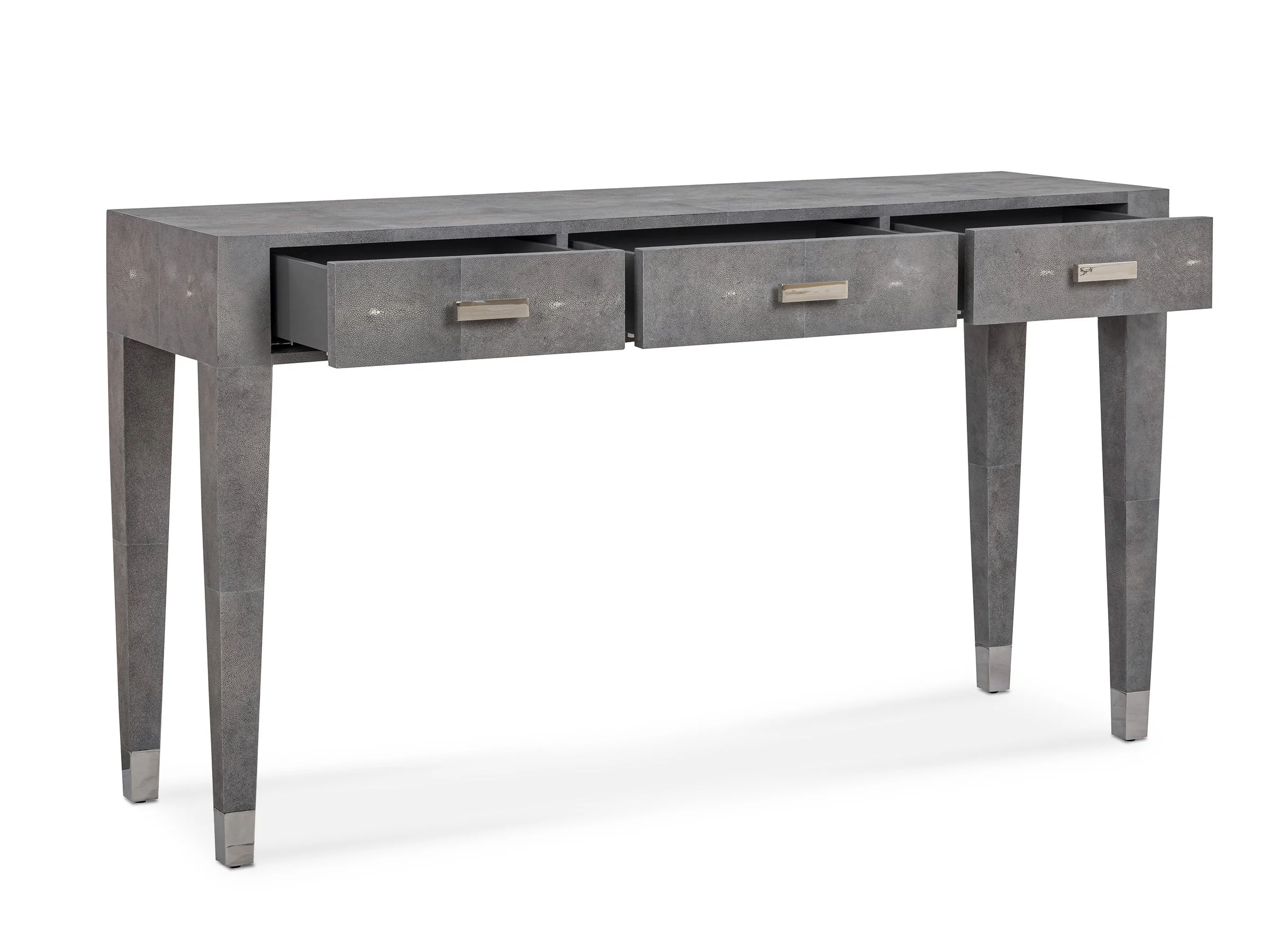 Angle view of the Hathaway Desk in Onyx Shagreen with drawers open