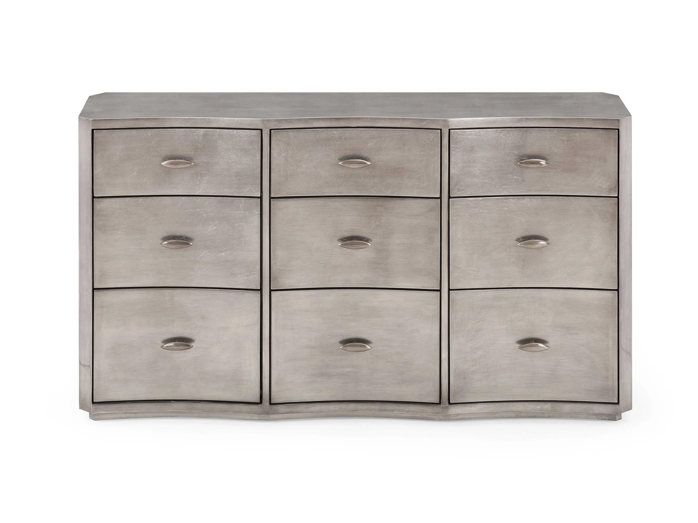 Front view of New Wave Dresser in Tungsten Foil Gloss with nine sculpted metallic drawers