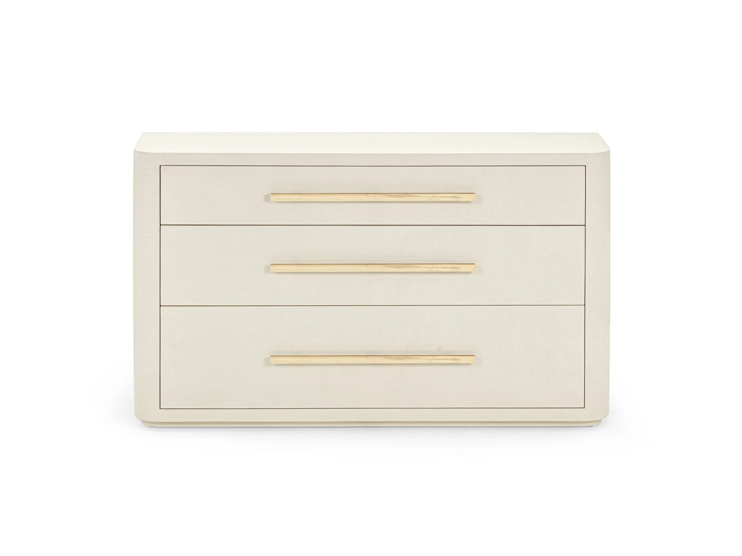 Front view of Chauncy Chest in talc lacquered linen with three gold-handled drawers