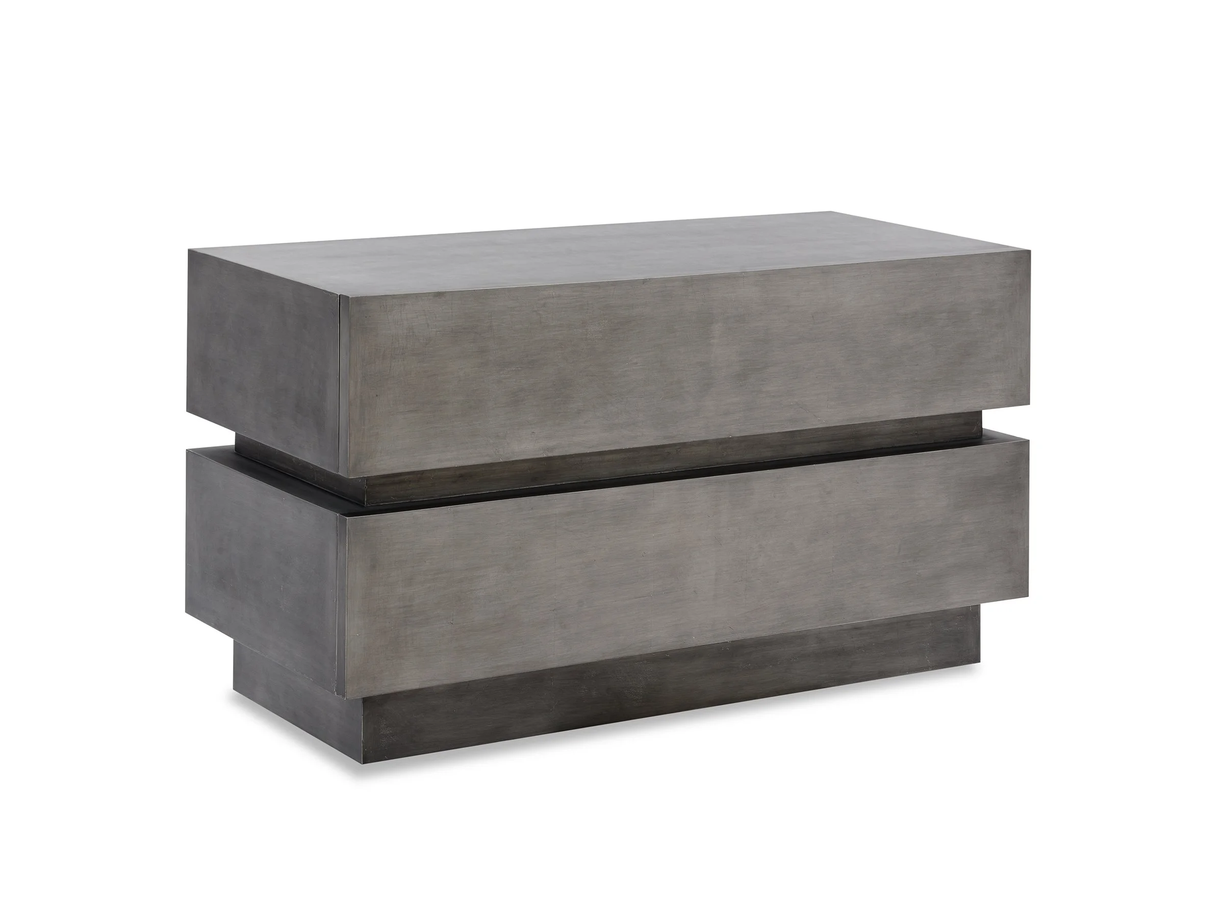 Angled view of The Oscar Stand in Tungsten Foil Lacquer with two drawers, modern geometric design.