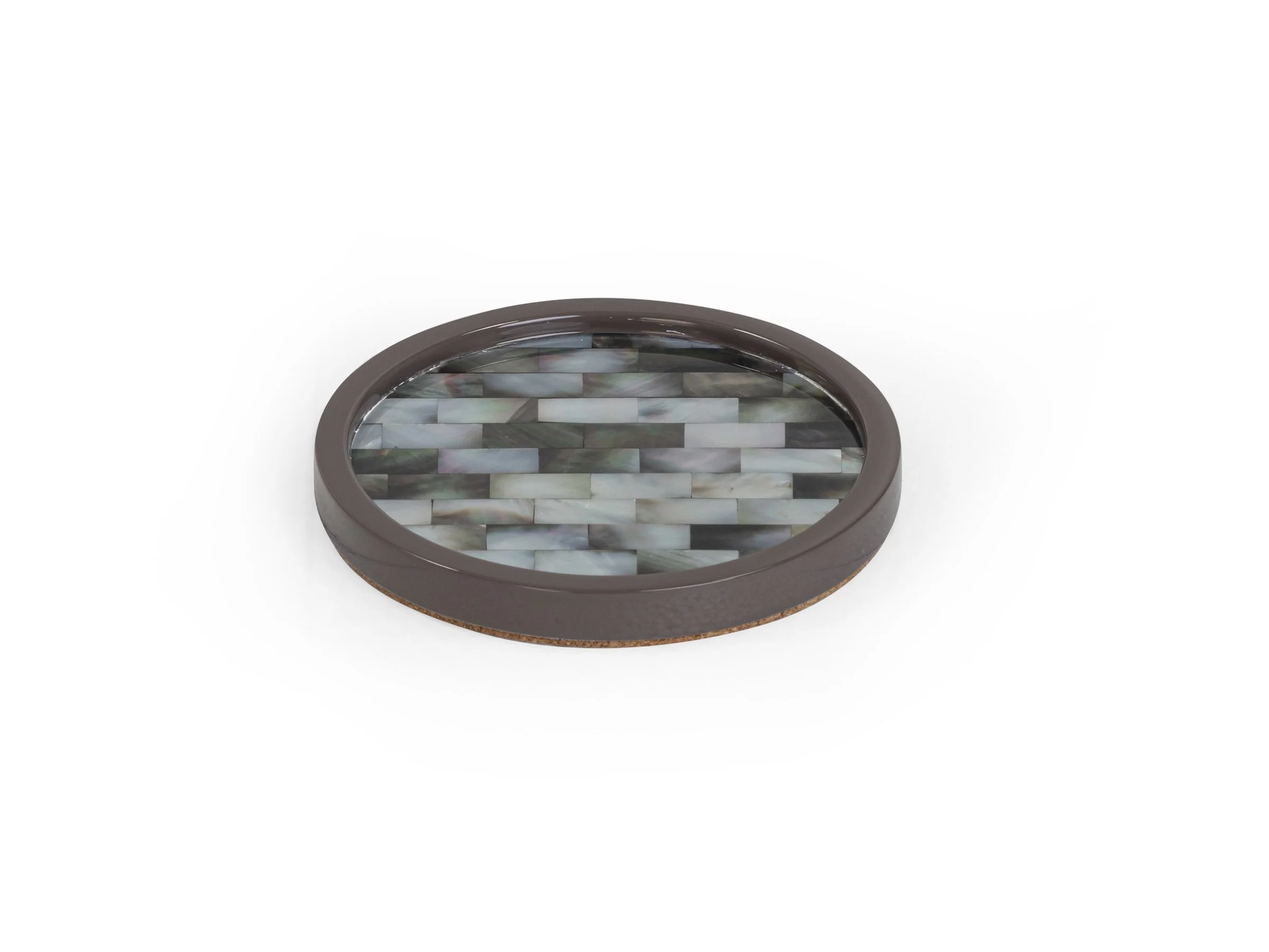 A single coaster in black mother-of-pearl and espresso lacquer