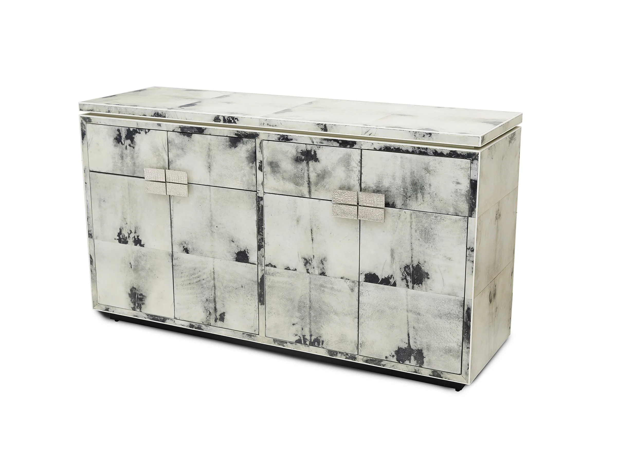 Elizabeth 4-door buffet in Storm Parchment with polished white bronze "alligator" pulls.