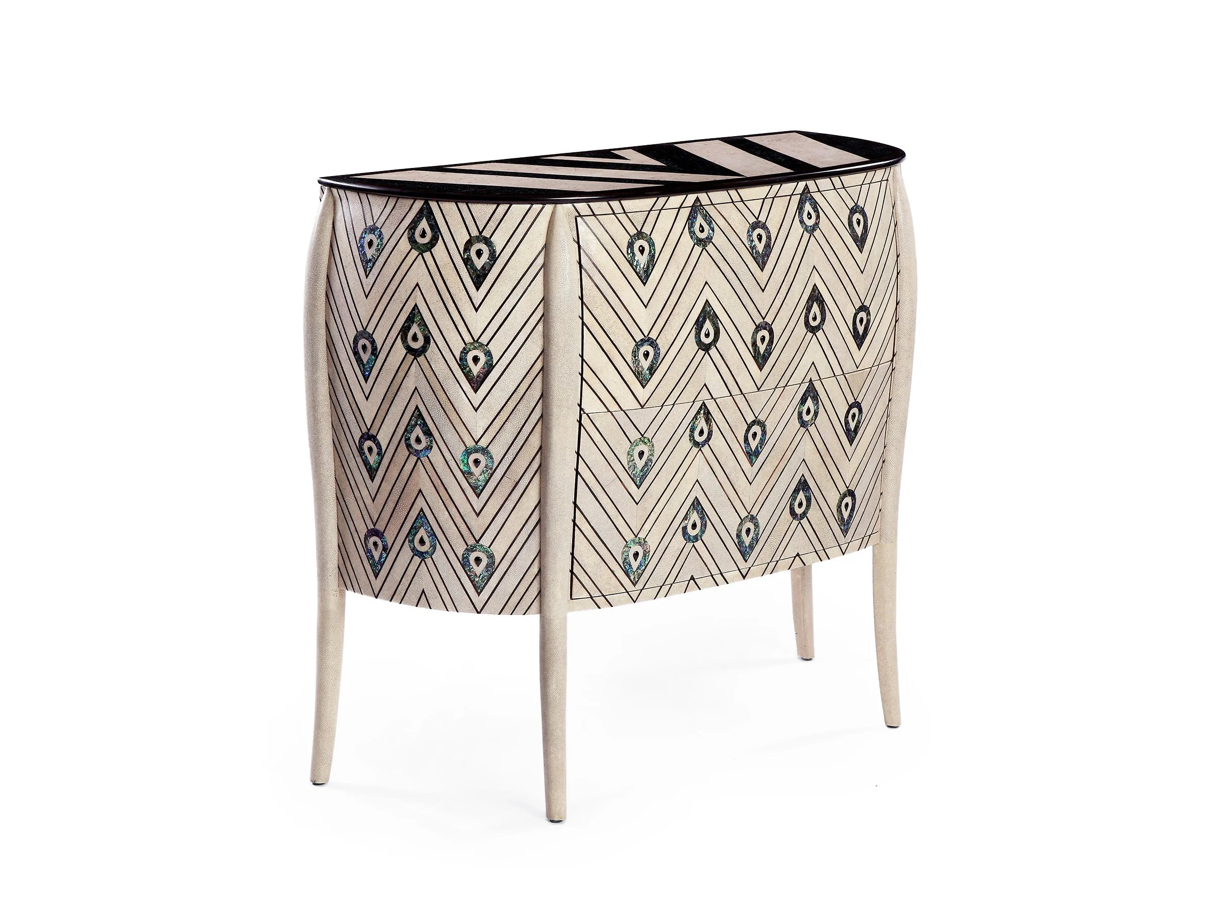 Angle view of The Royal Chest in Antique Shagreen with Ebony trim and Abalone inlays