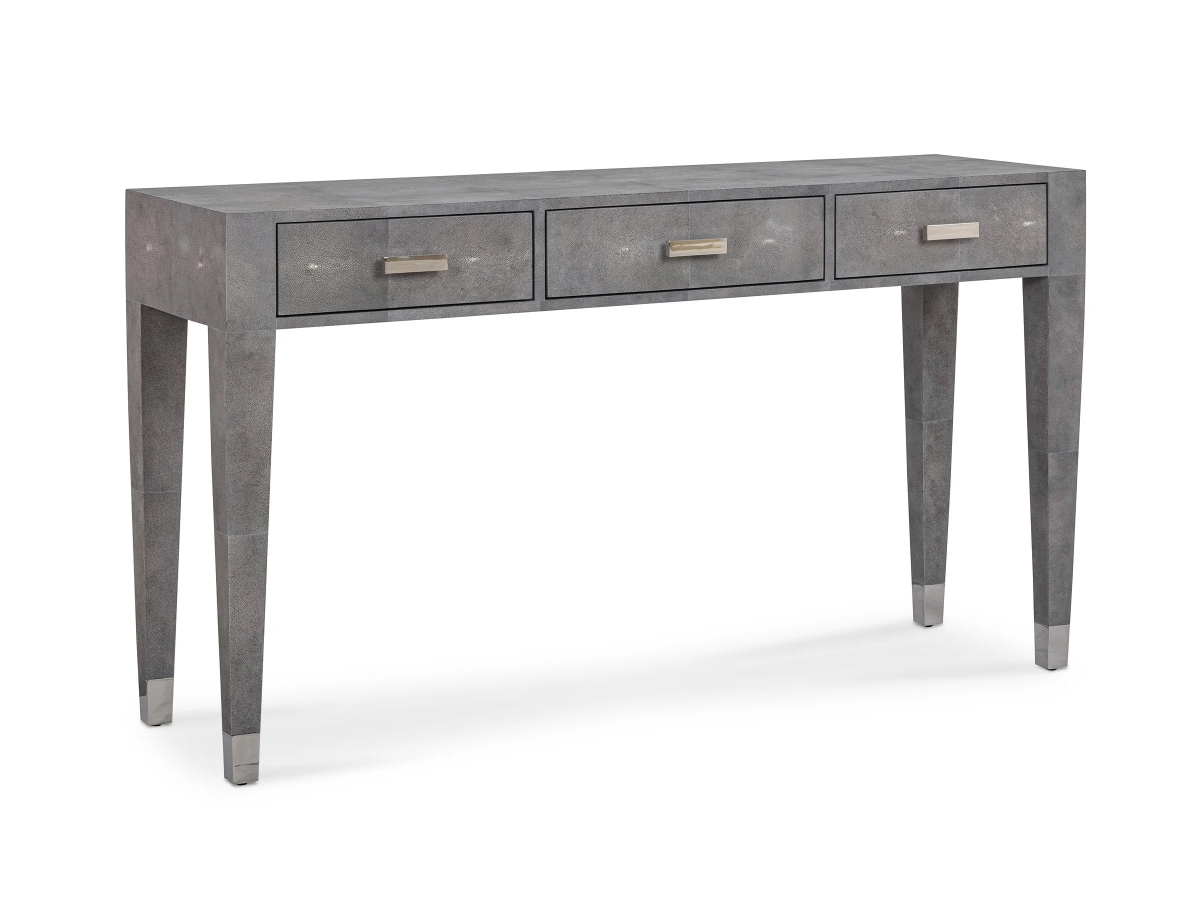 Angle view of the Hathaway Desk in Onyx Shagreen with Bronze hardware