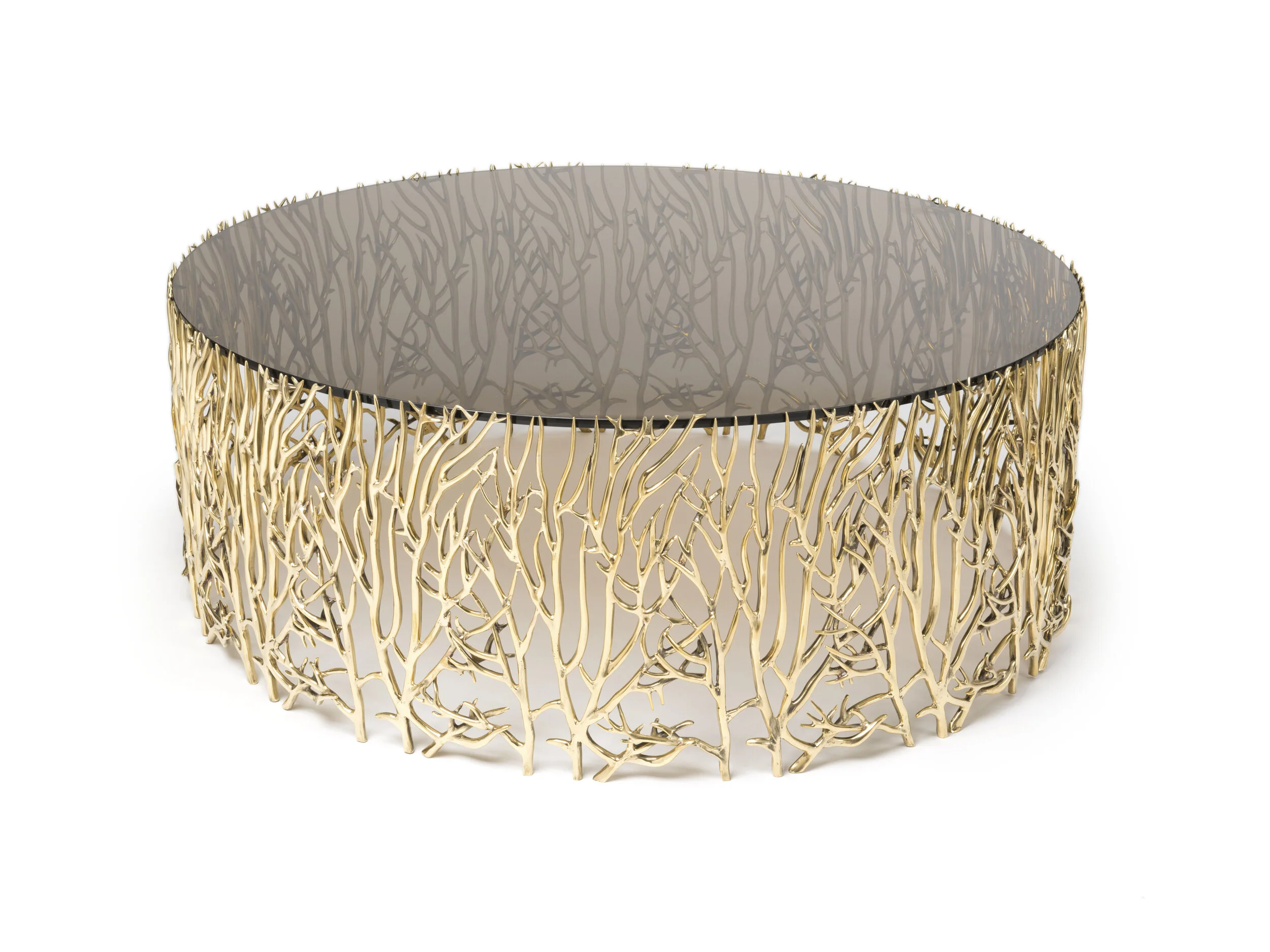 Artis Cocktail Table in round format with bronze base and smoked glass top