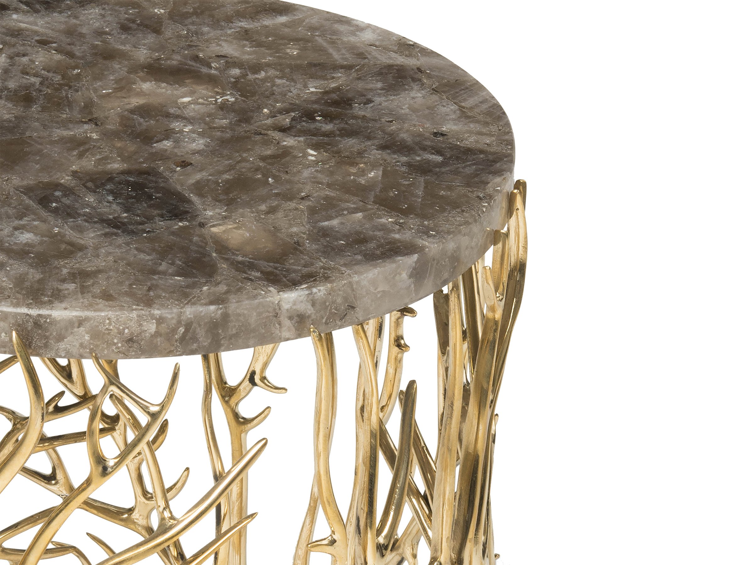 Artis side table with polished bronze base and smoke crystal top-detail view