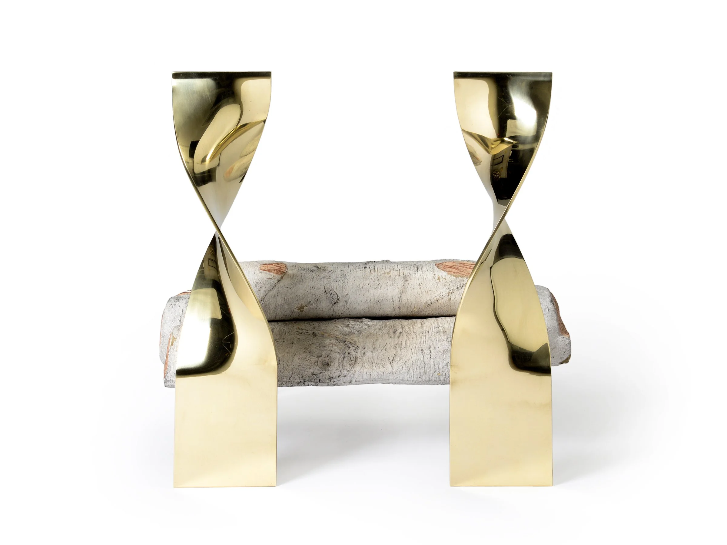 Front view of Aston Andirons in polished bronze holding white birch logs.