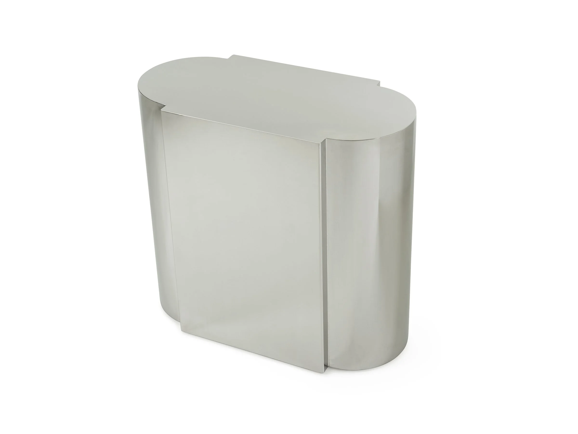 Side view of the Lucretius Side Table in Polished Stainless Steel