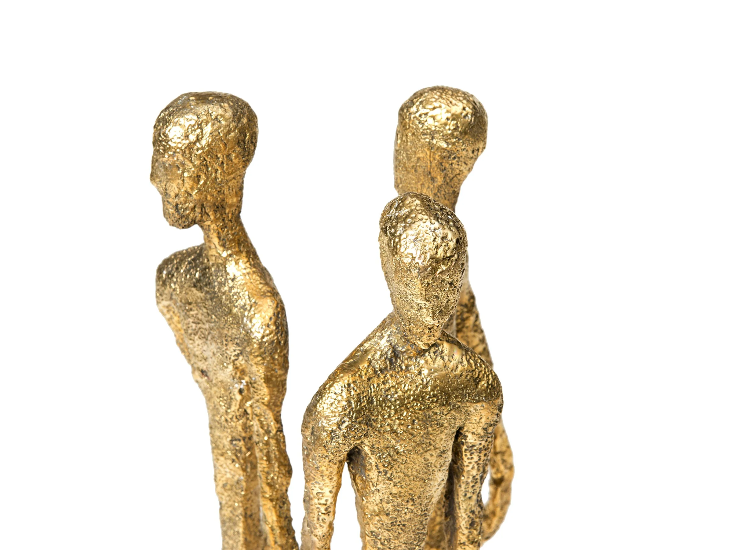 Close-up of three textured bronze figures in The Cyclad Sculpture, showcasing intricate surface detail.