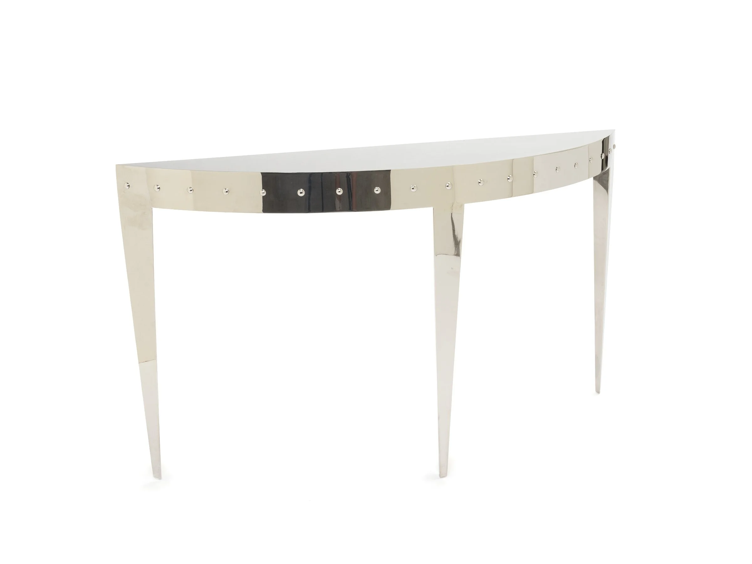 Angle view of Ellipse Console – symmetrical three-leg design shown in mirror polished stainless steel finish