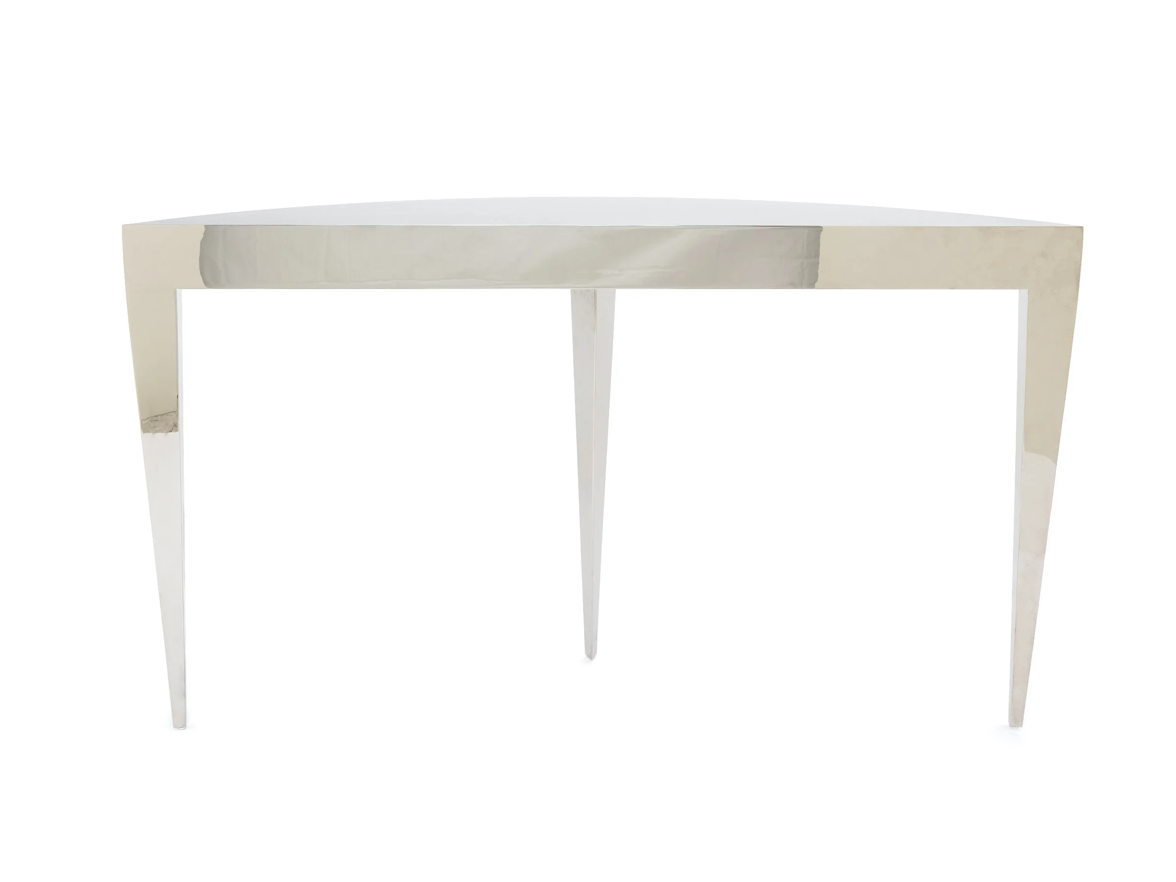 Back view of Ellipse Console – symmetrical three-leg design shown in mirror polished stainless steel finish