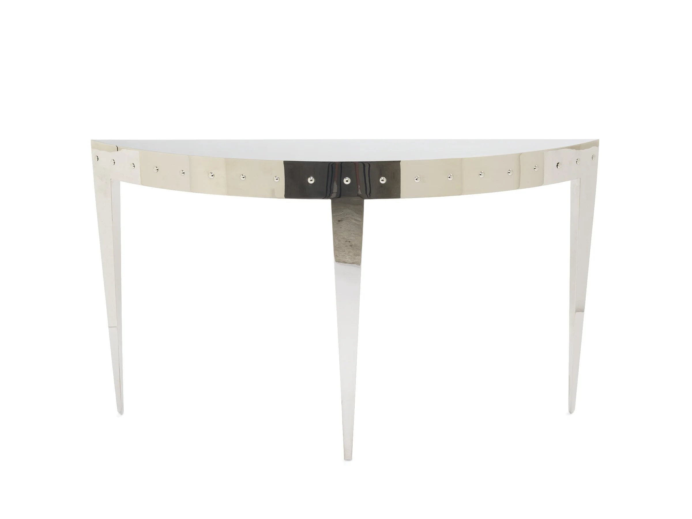 Front view of Ellipse Console – symmetrical three-leg design shown in mirror polished stainless steel finish