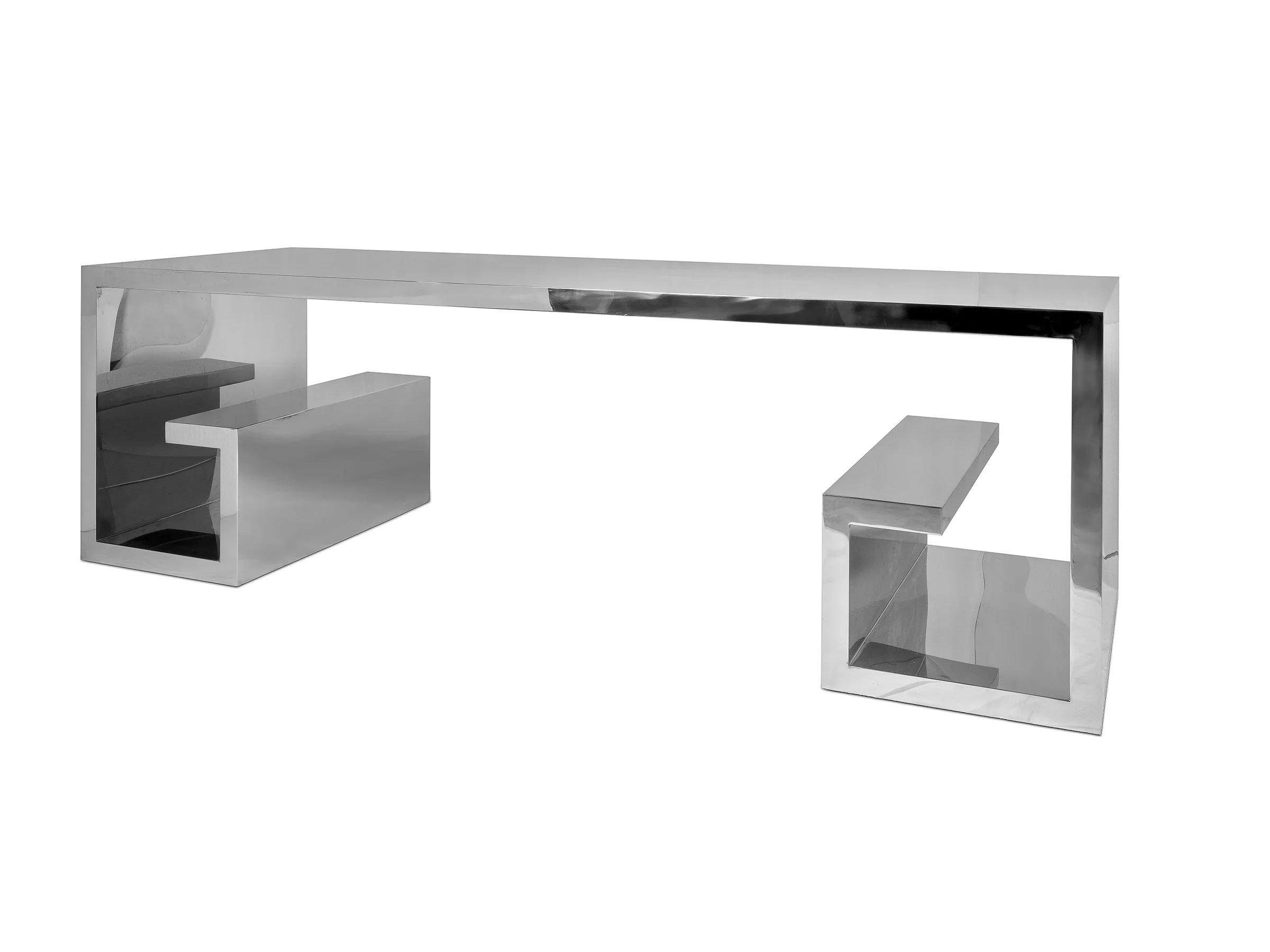Angled side view of Euclid Desk highlighting reflective metal finish and architectural base
