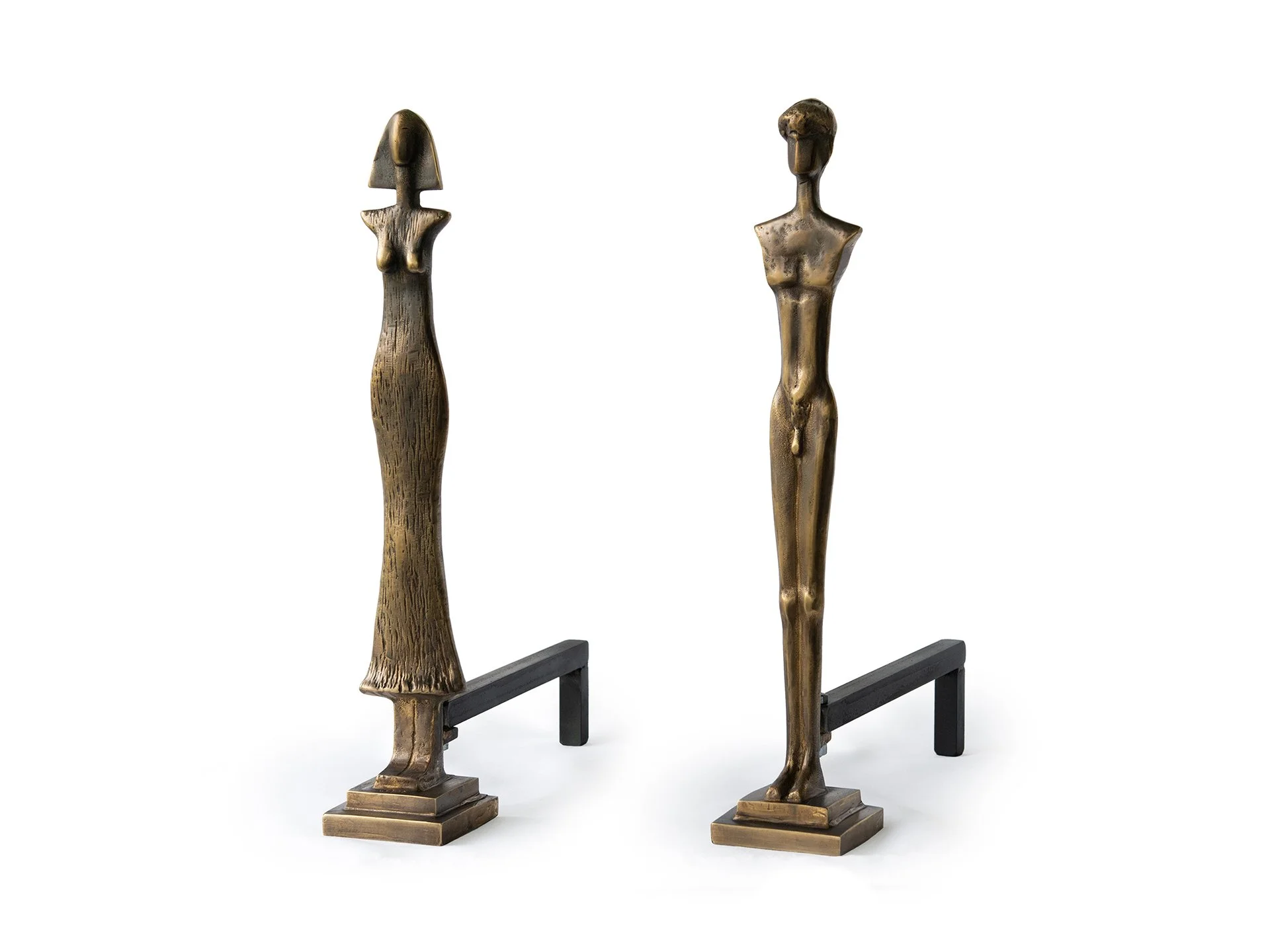 Pair of Caryatid andirons in antique bronze, angled view.