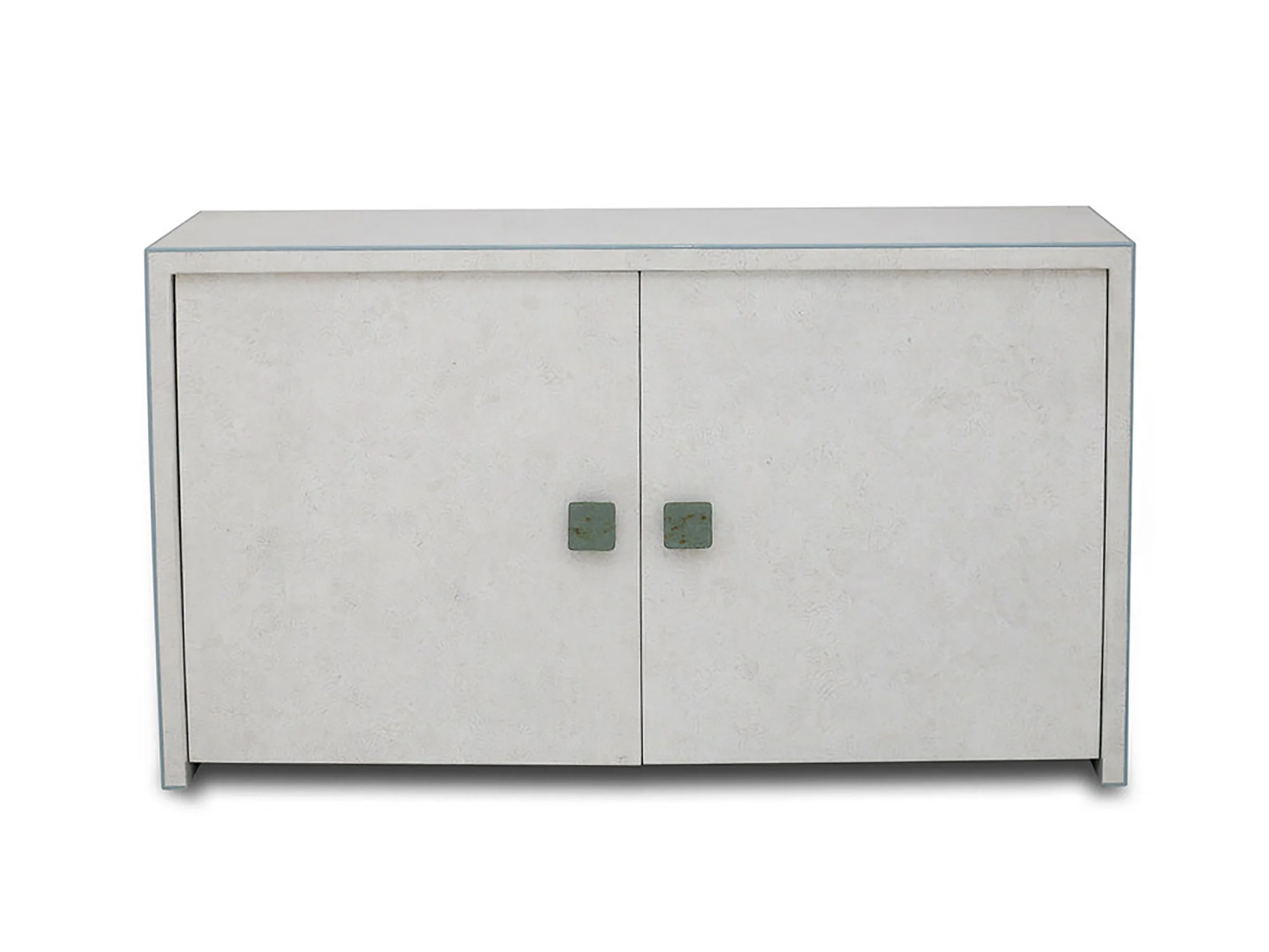 Liz Cabinet front view in White Snakeskin Eggshell Lacquer with bronze handles.