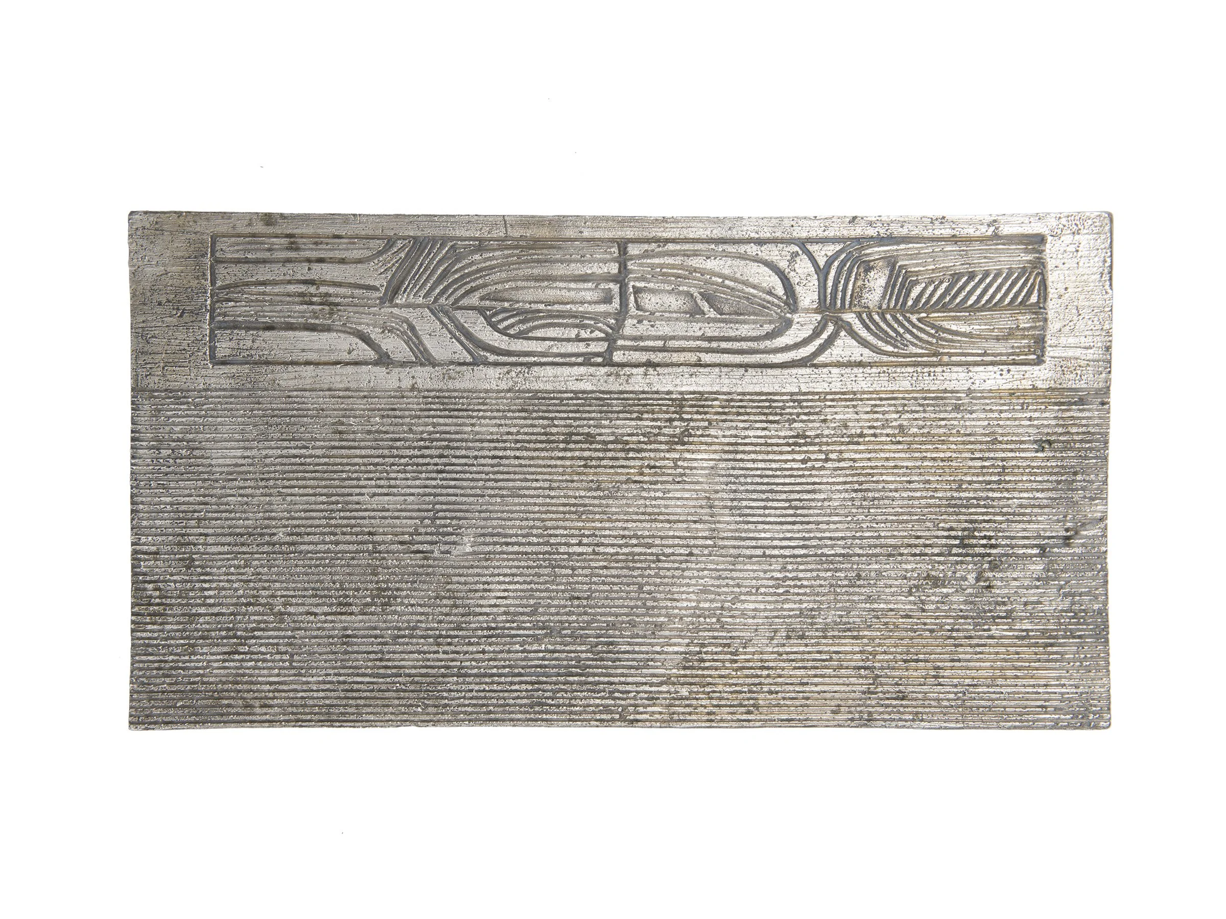 Angkor Tray in Iridium finish, highlighting its linear etched design and texture.