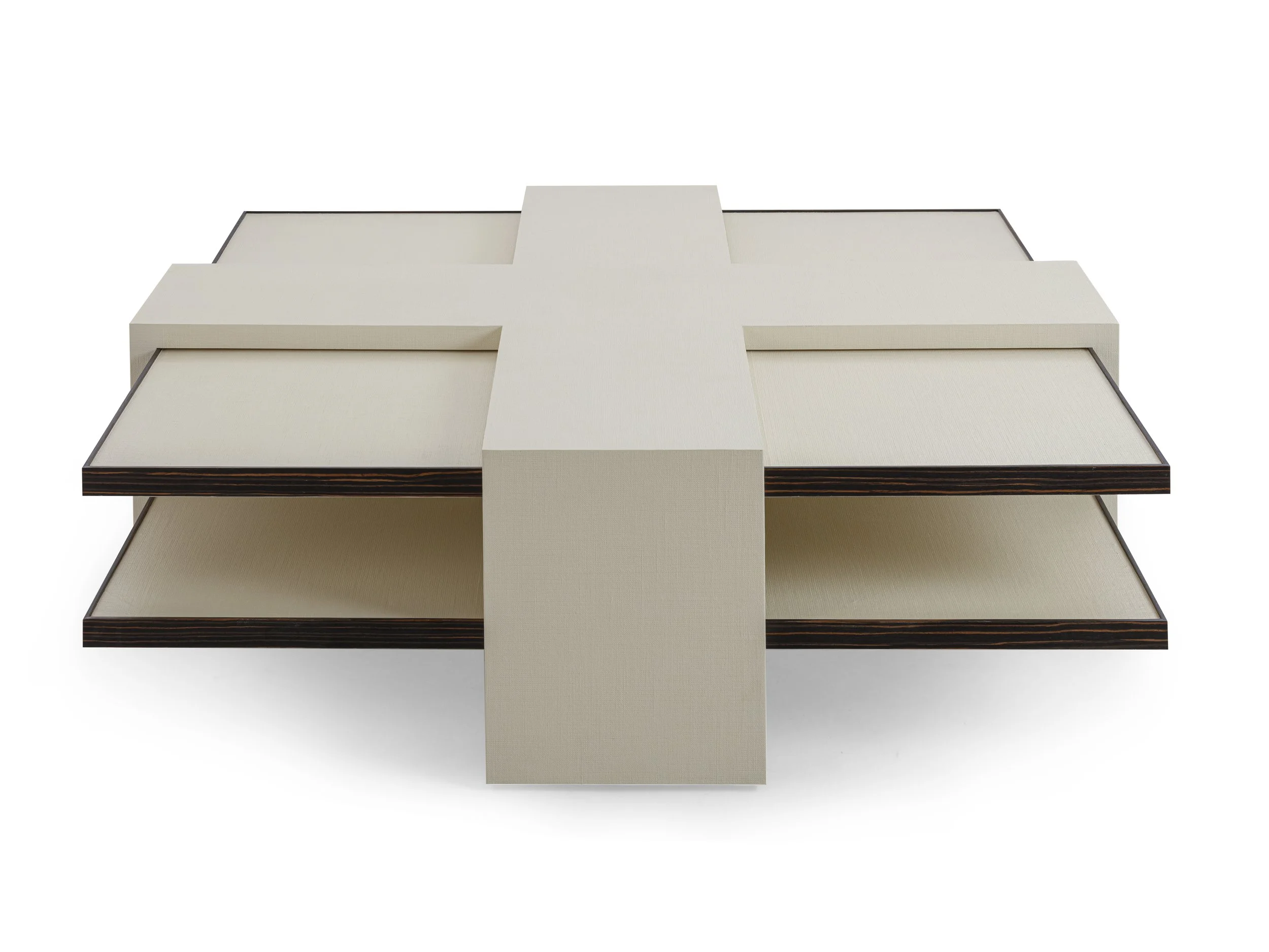 Daniel cocktail table in a textured neutral finish with Macassar ebony detail, two shelves